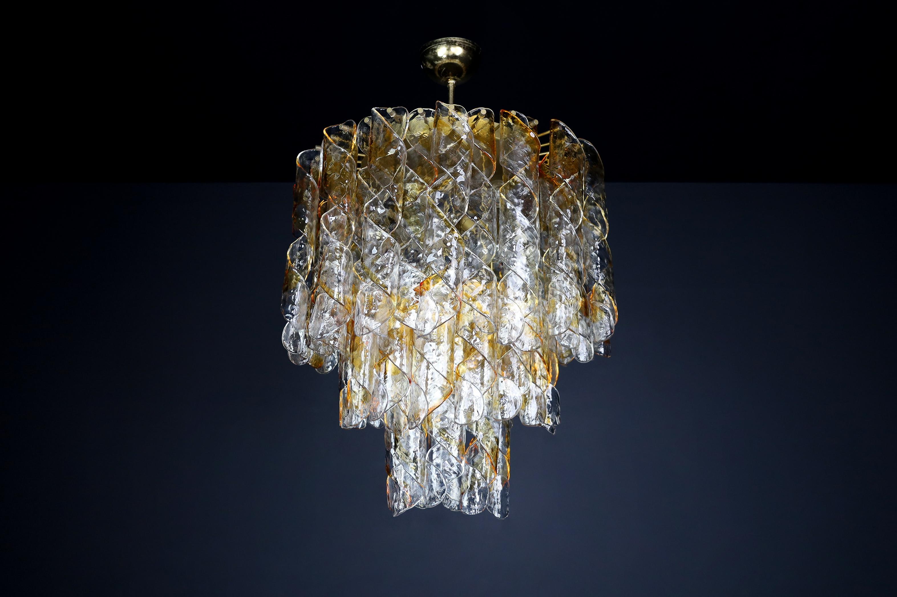 Grand lustre en verre de Murano, ambre et gouttes spiralées transparentes, Italie, années 1960 en vente 3