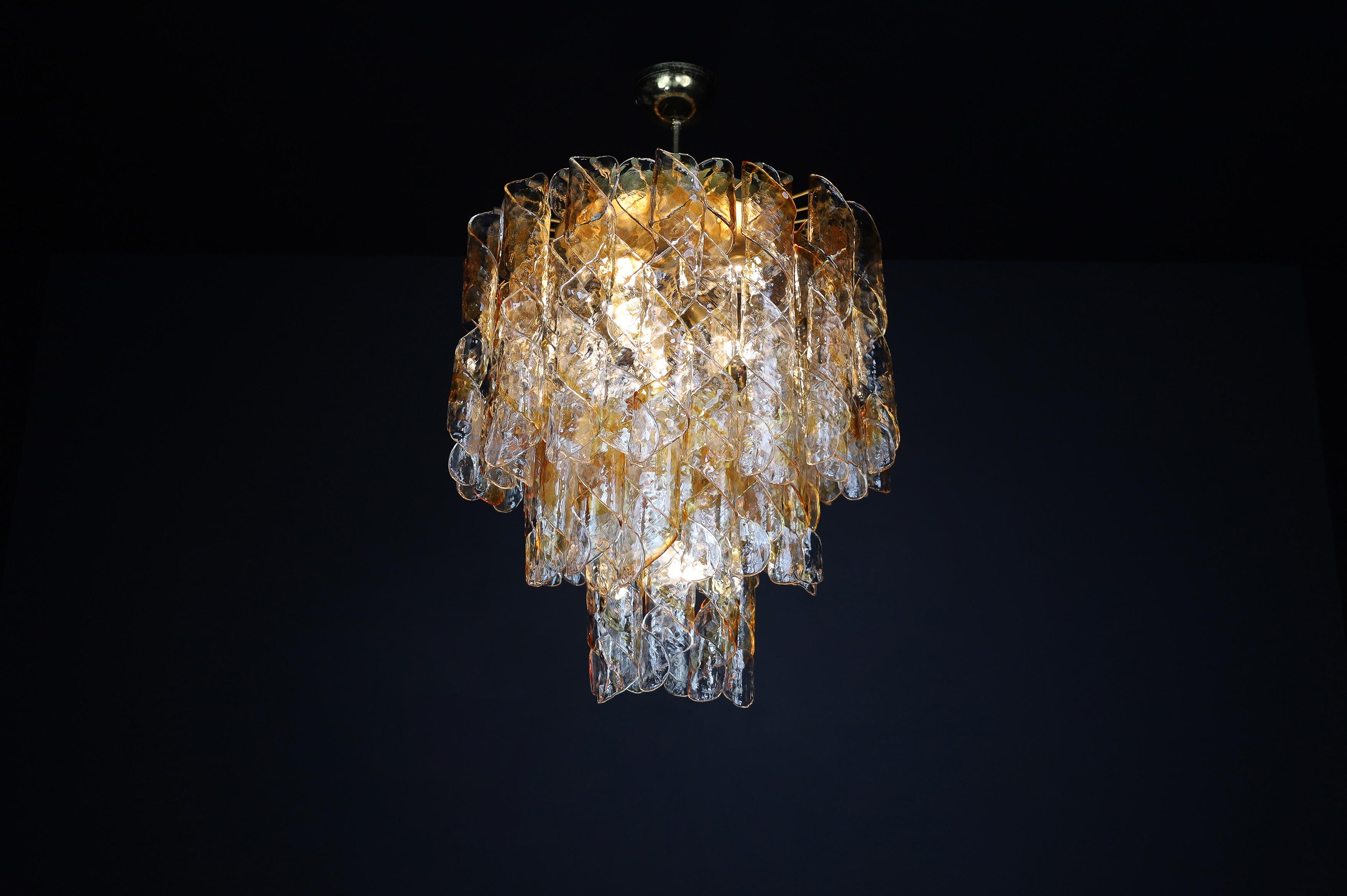 Grand lustre en verre de Murano, ambre et gouttes spiralées transparentes, Italie, années 1960 en vente 4