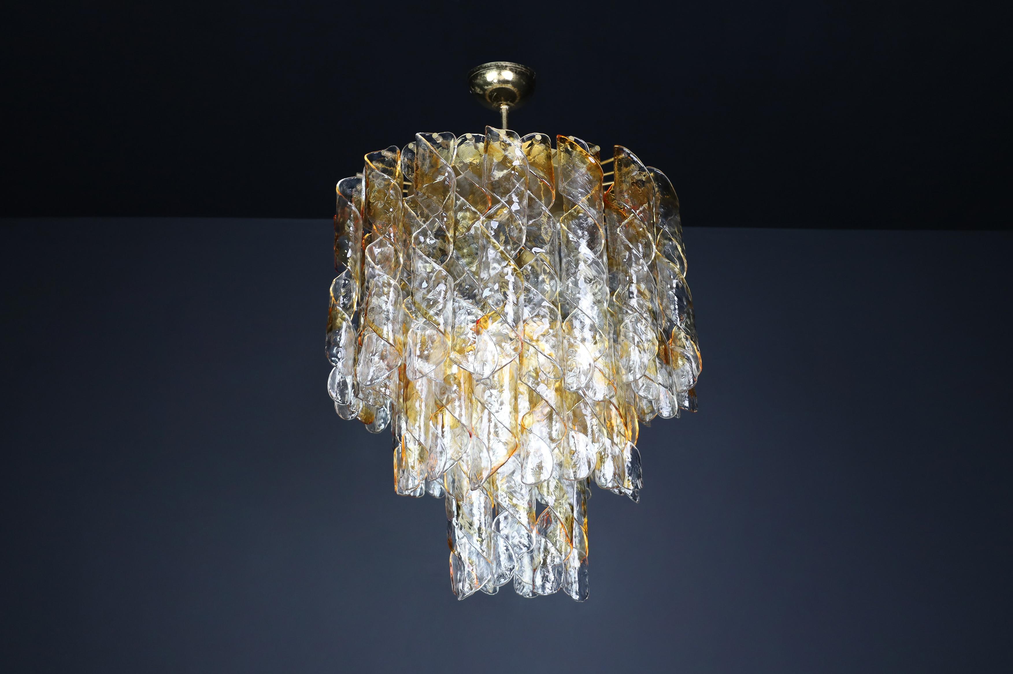 Grand lustre en verre de Murano, ambre et gouttes spiralées transparentes, Italie, années 1960 en vente 5