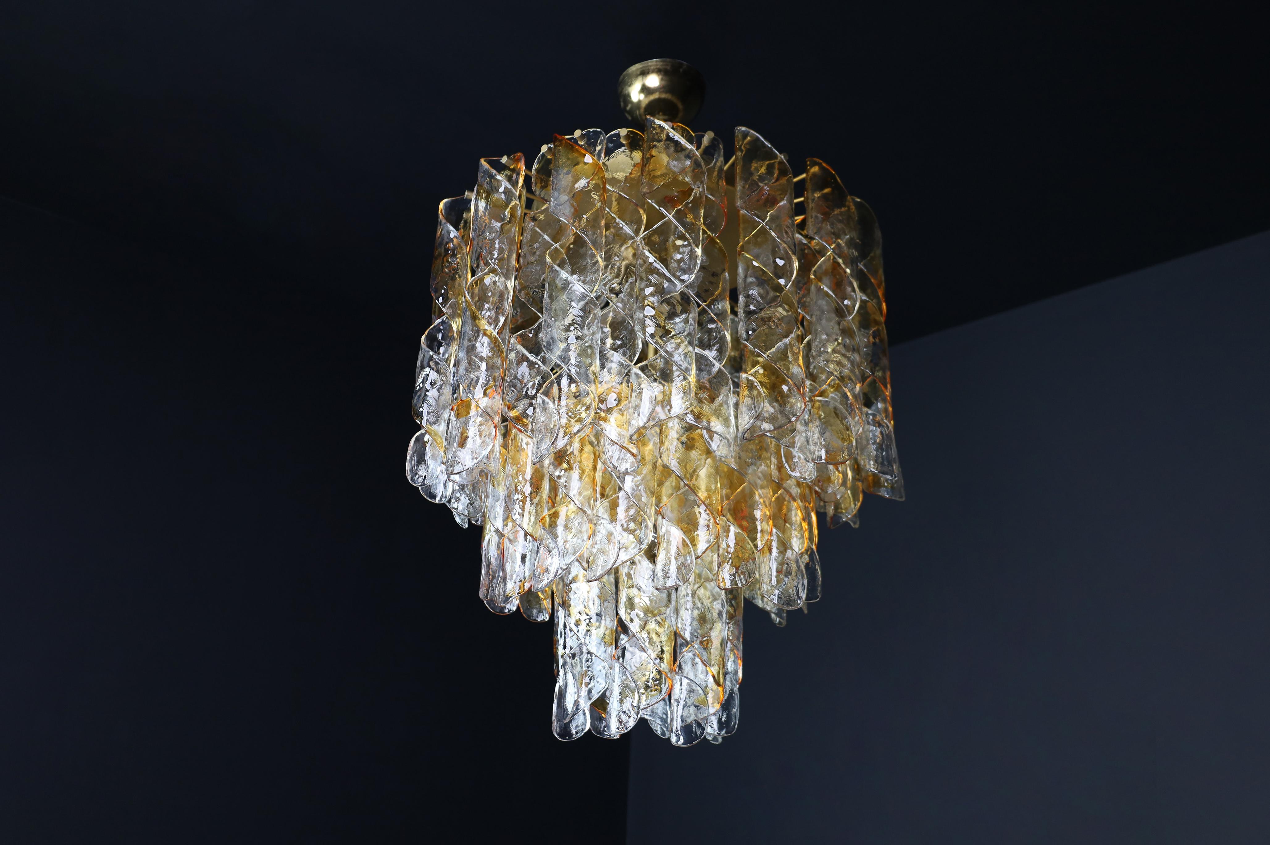 Grand lustre en verre de Murano, ambre et gouttes spiralées transparentes, Italie, années 1960 en vente 6