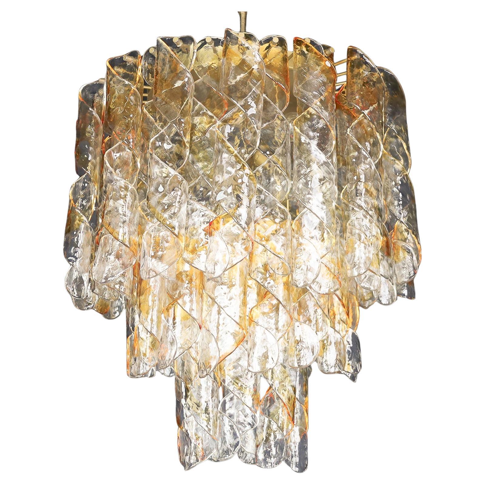 Large Murano Glass Chandelier in Amber and Clear Spiral Drops, Italy, 1960s