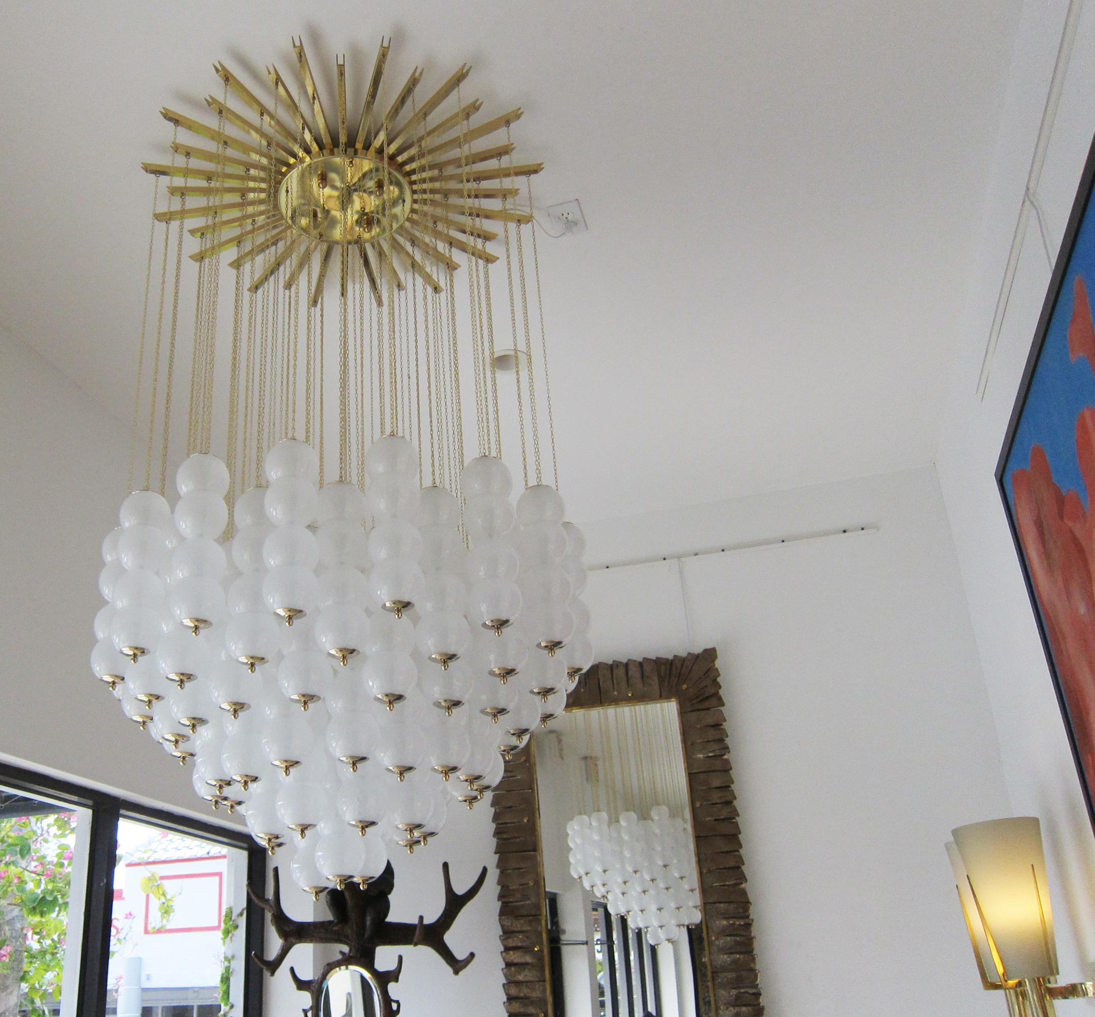 Conical Murano White Glass and Brass Flush Mount Chandelier, in stock

Spectacular contemporary flush mount conical ceiling light handcrafted in Murano white glass and brass. This sculptural studio chandelier features 151 individually hand-blown