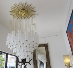 Flush Mount Conical Murano White Glass and Brass Ceiling Light, in stock