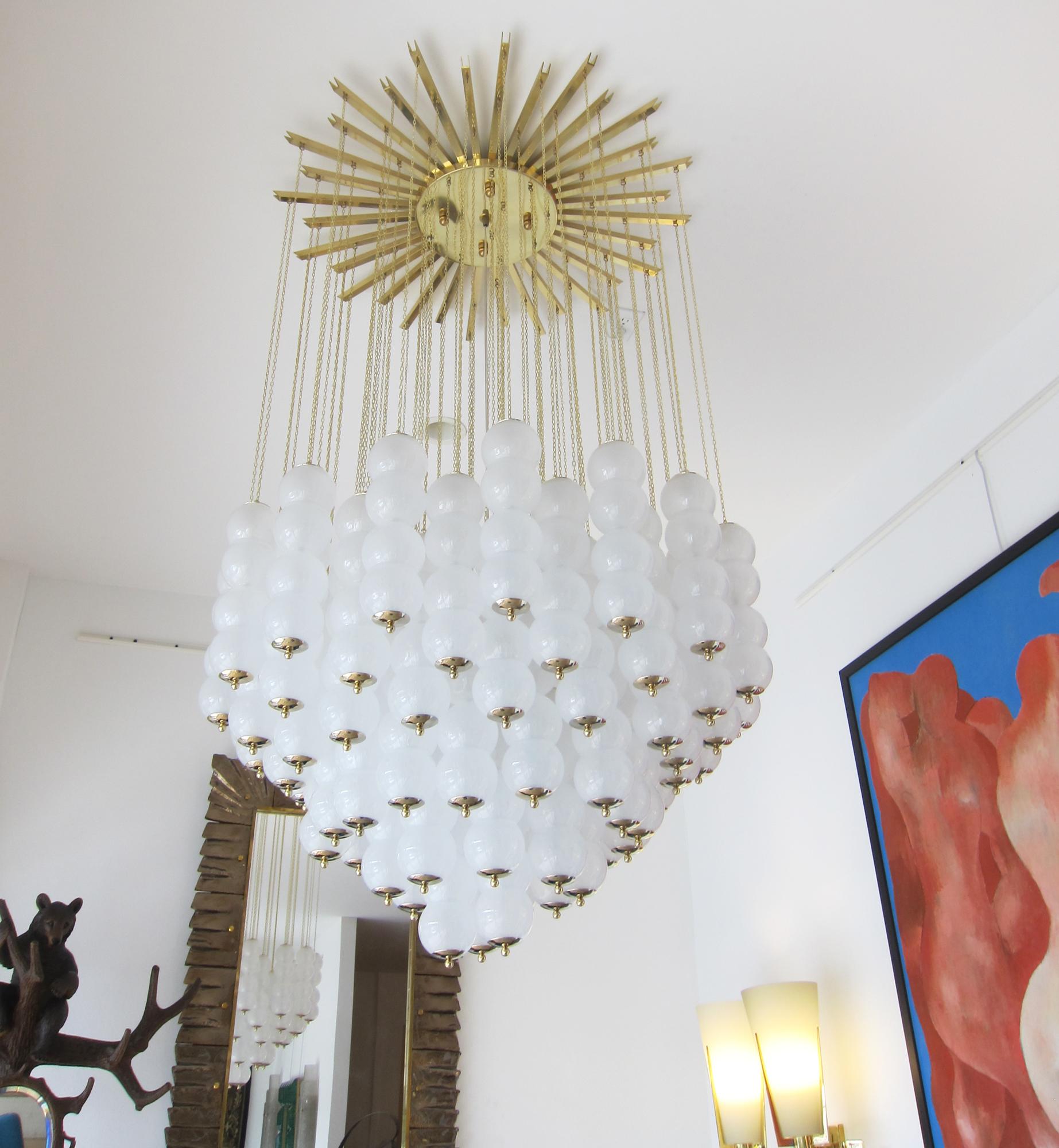 Mid-Century Modern Flush Mount Conical Murano White Glass and Brass Ceiling Light, in stock For Sale
