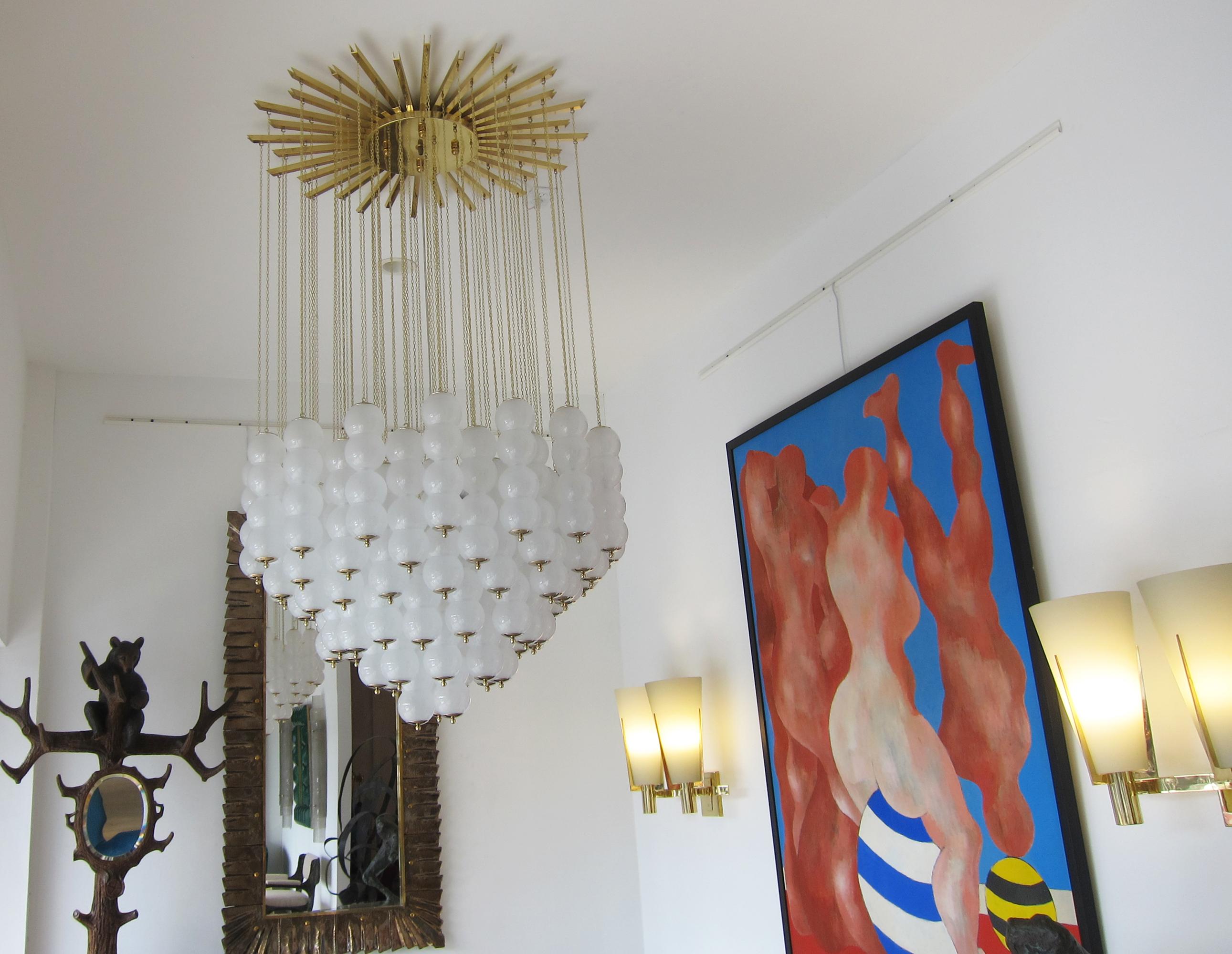 Italian Flush Mount Conical Murano White Glass and Brass Ceiling Light, in stock For Sale