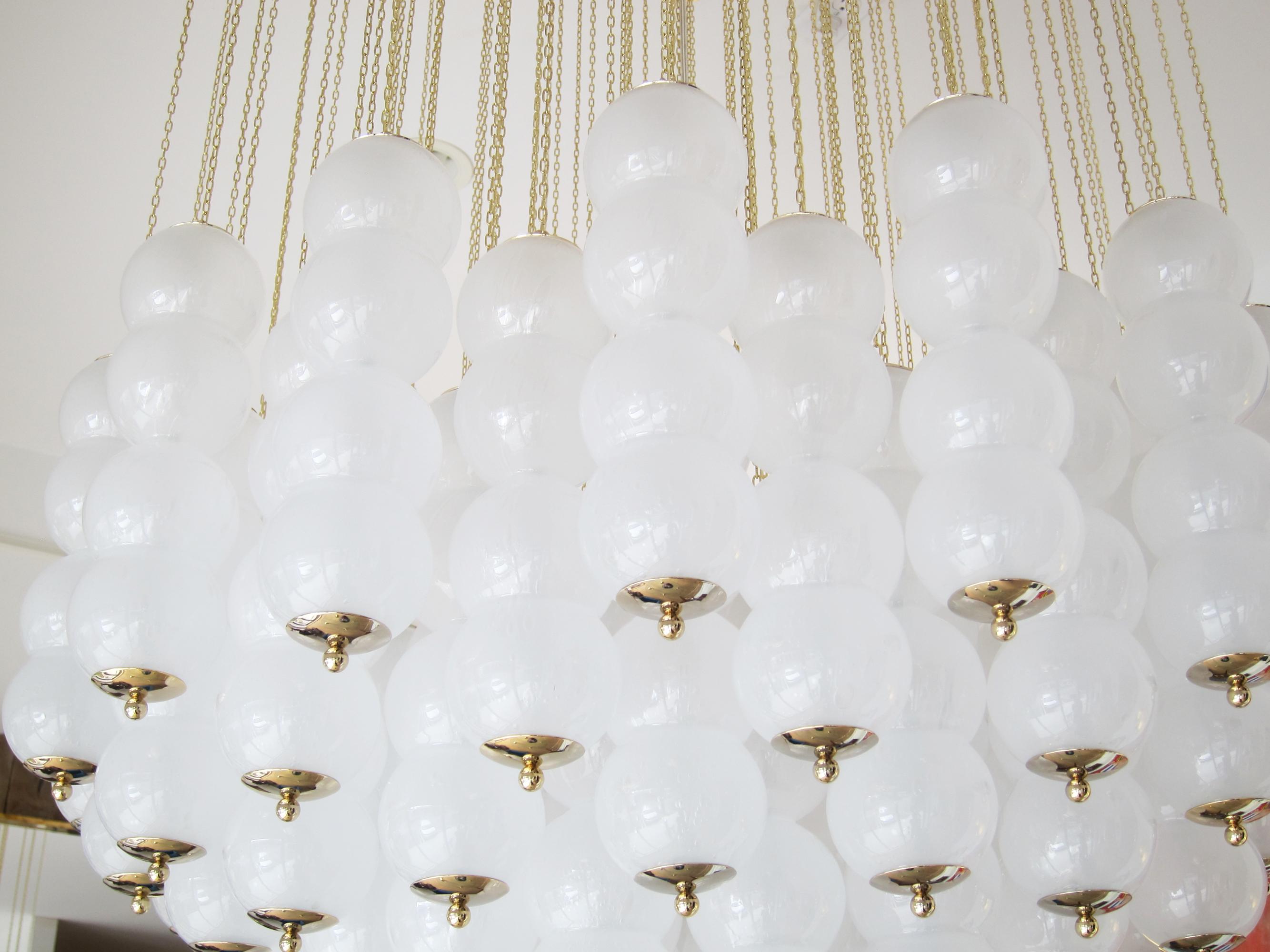 Contemporary Flush Mount Conical Murano White Glass and Brass Ceiling Light, in stock For Sale