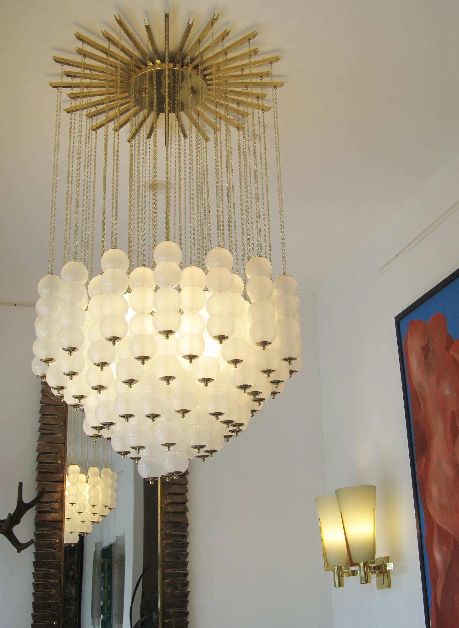 Flush Mount Conical Murano White Glass and Brass Ceiling Light, in stock For Sale 2