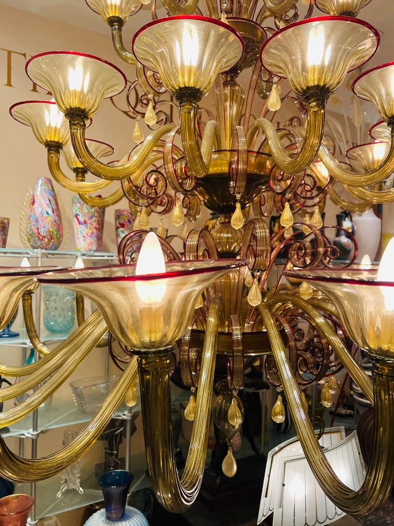 Other Large Murano glass chandelier Venini amber and rubi circa 1930 For Sale