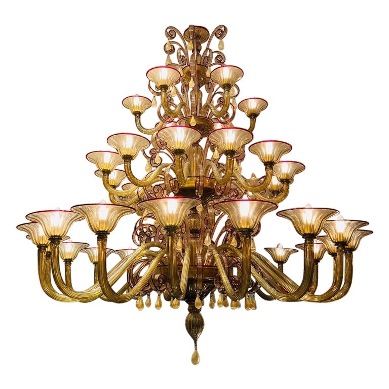 Grande lampadario in vetro di Murano Venini ambra e rubini circa 1930