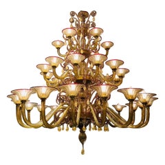 Grand lustre en verre de Murano Venini ambre et rubi circa 1930