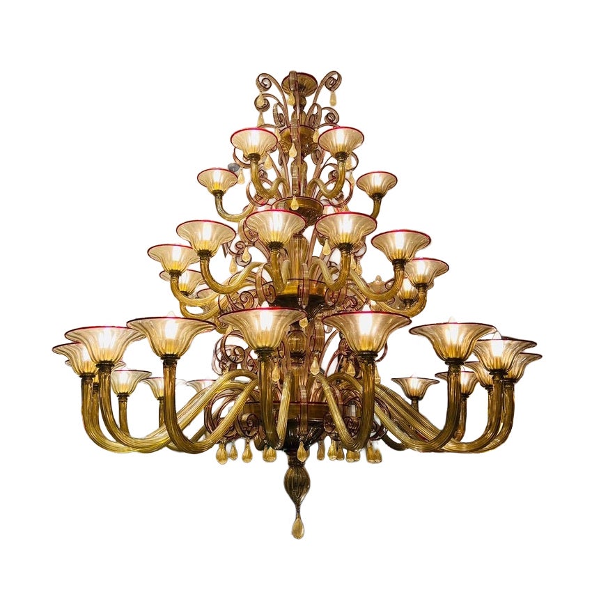 Large Murano glass chandelier Venini amber and rubi circa 1930 For Sale