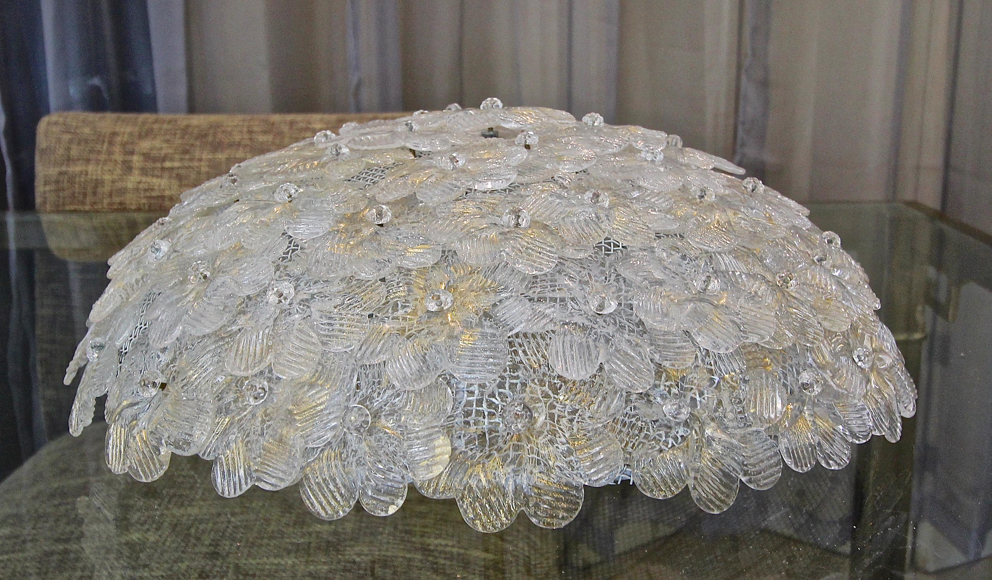 Large Murano Glass Floral Chandelier Pendant Flush Mount Light In Good Condition In Palm Springs, CA