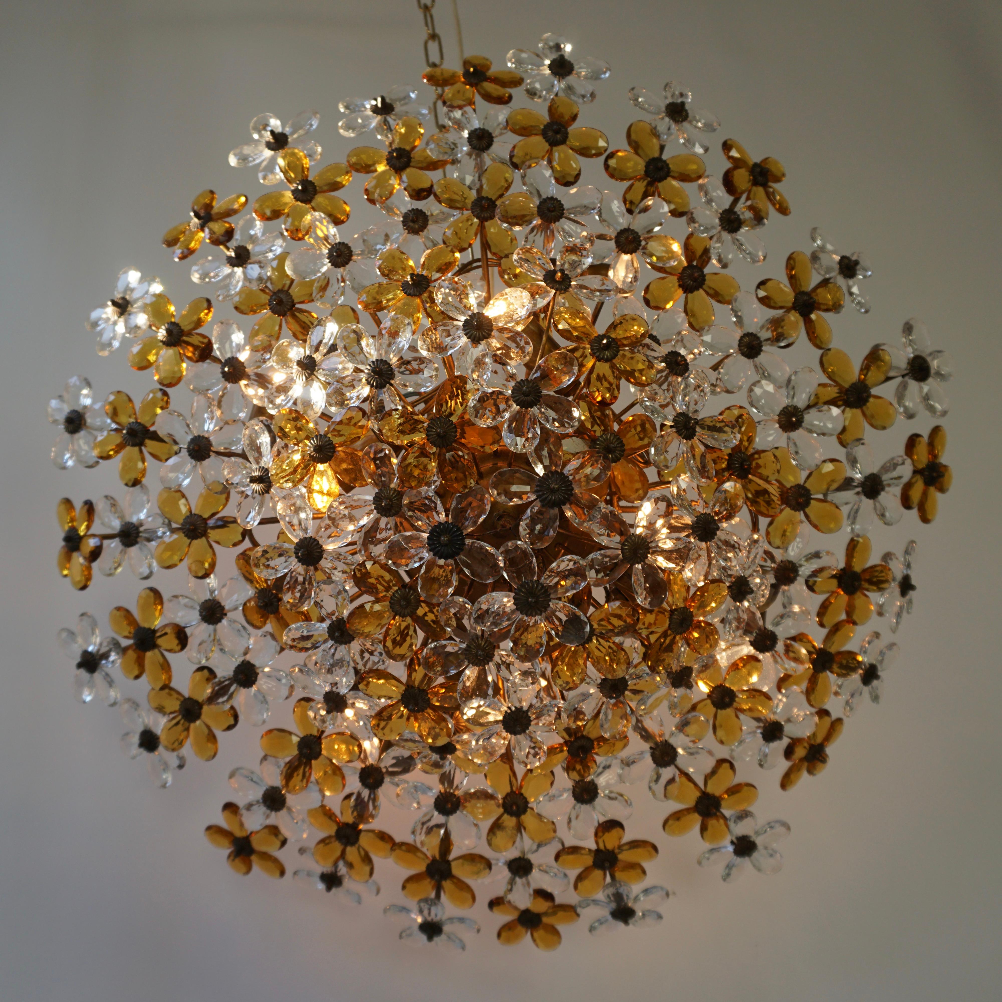 Hollywood Regency Large Murano Glass Flower Flush Mount Chandelier Brass Flower Bouquet, 1960s For Sale