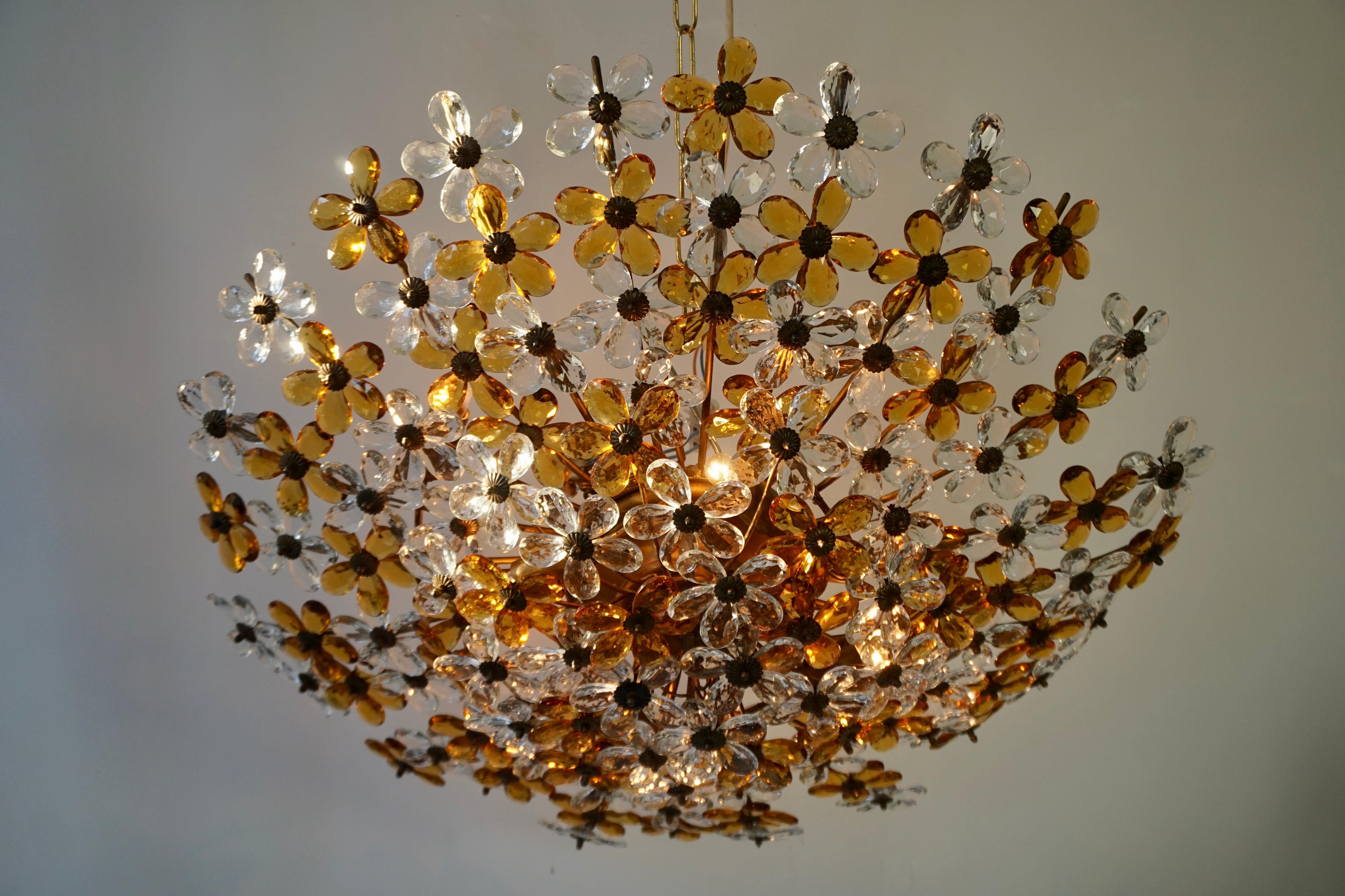 Italian Large Murano Glass Flower Flush Mount Chandelier Brass Flower Bouquet, 1960s For Sale