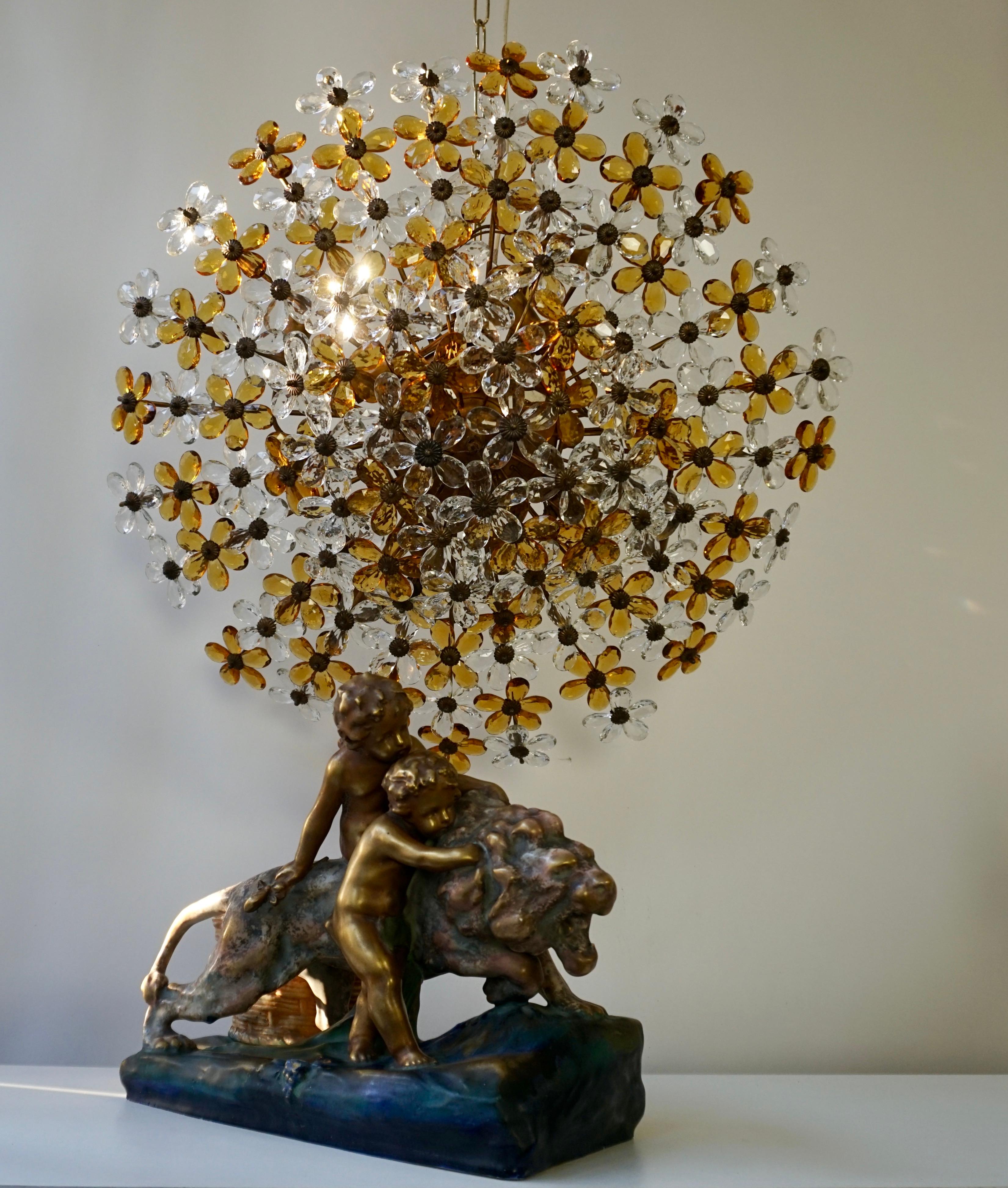 Large Murano Glass Flower Flush Mount Chandelier Brass Flower Bouquet, 1960s For Sale 3