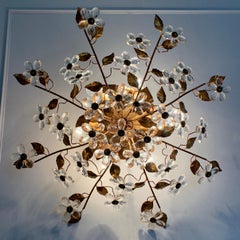 Large Murano Glass Flower and Gilt Leaf Flush Light, circa 1970s