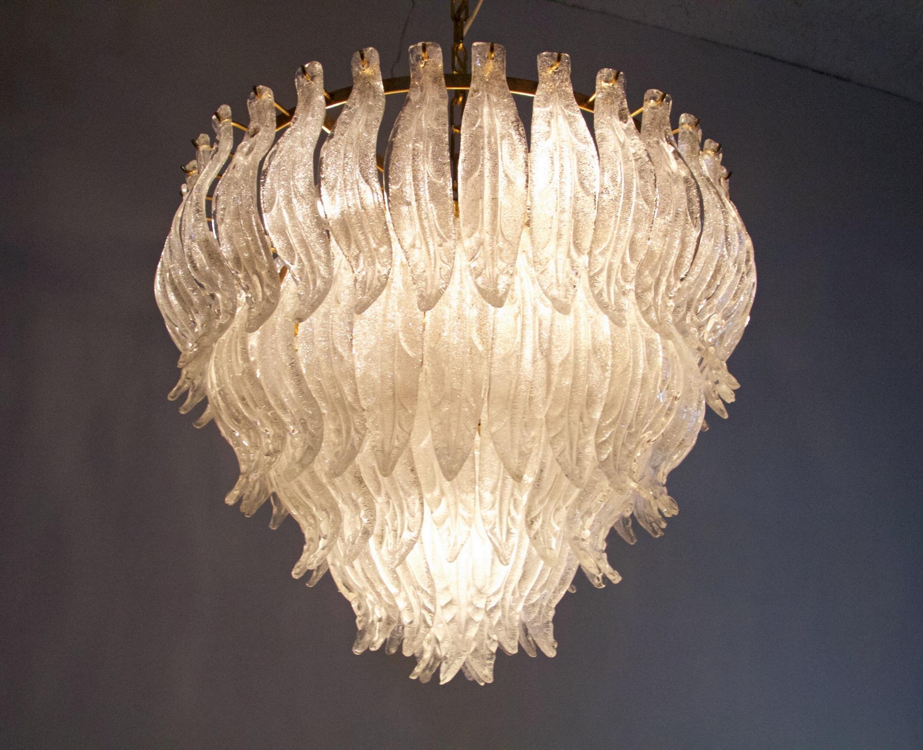 Frosted Large Murano Glass Leaf Chandelier, 1970s