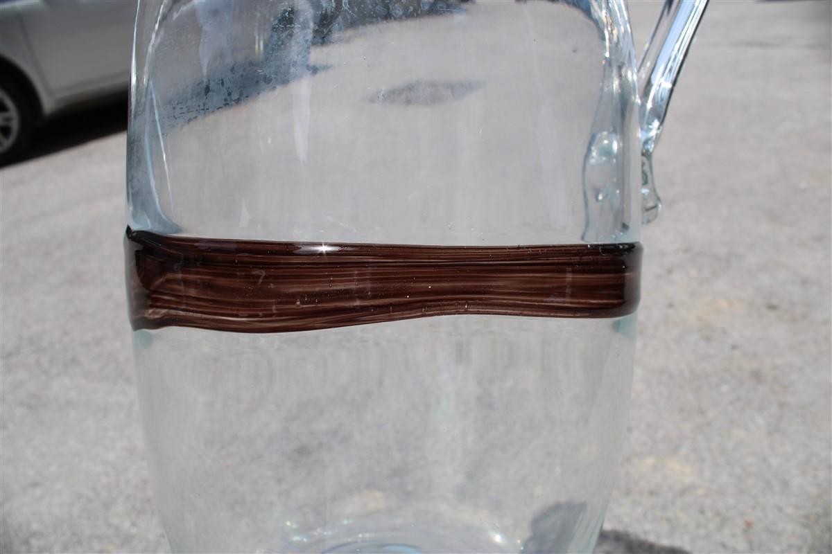 Italian Large Murano Glass Mazzega 1970s Jug Vase Transparent and Brown Stripe, Italy For Sale