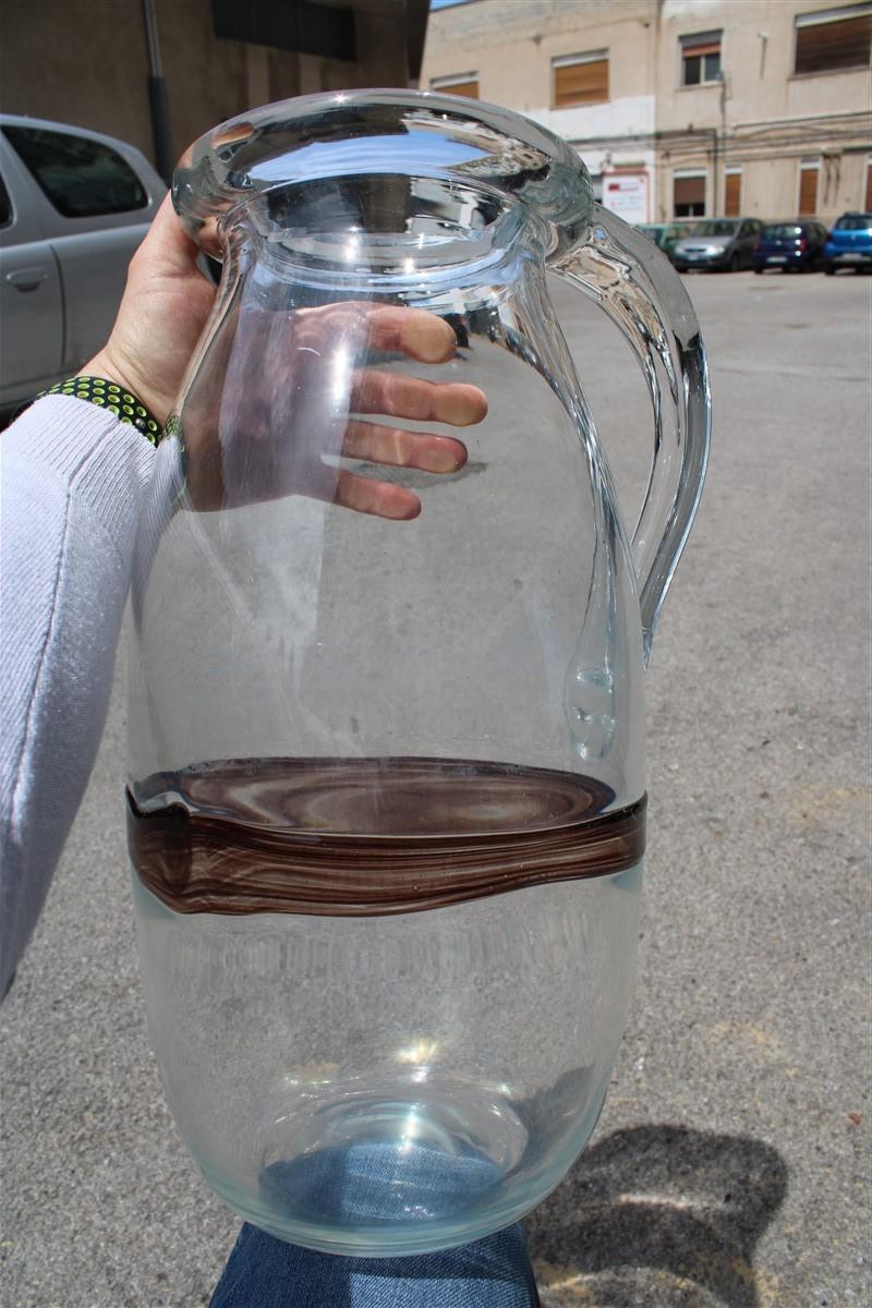 Large Murano Glass Mazzega 1970s Jug Vase Transparent and Brown Stripe, Italy In Good Condition For Sale In Palermo, Sicily