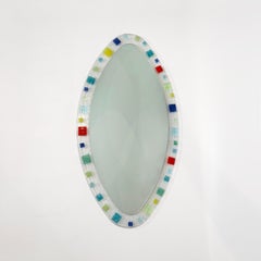 Grand miroir mural ovale en verre de Murano des années 1970, vintage du milieu du siècle, rouge, bleu et vert