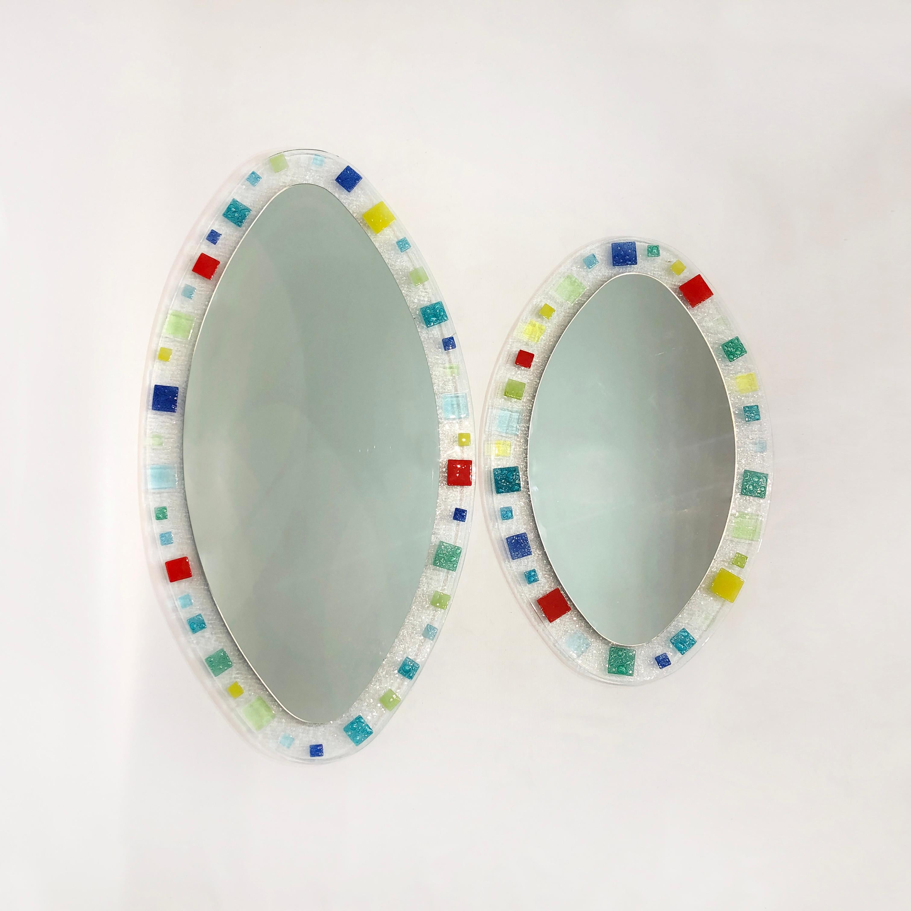 Italian Large Murano Glass Oval Wall Mirror 1970s Midcentury Vintage Red Blue Green For Sale