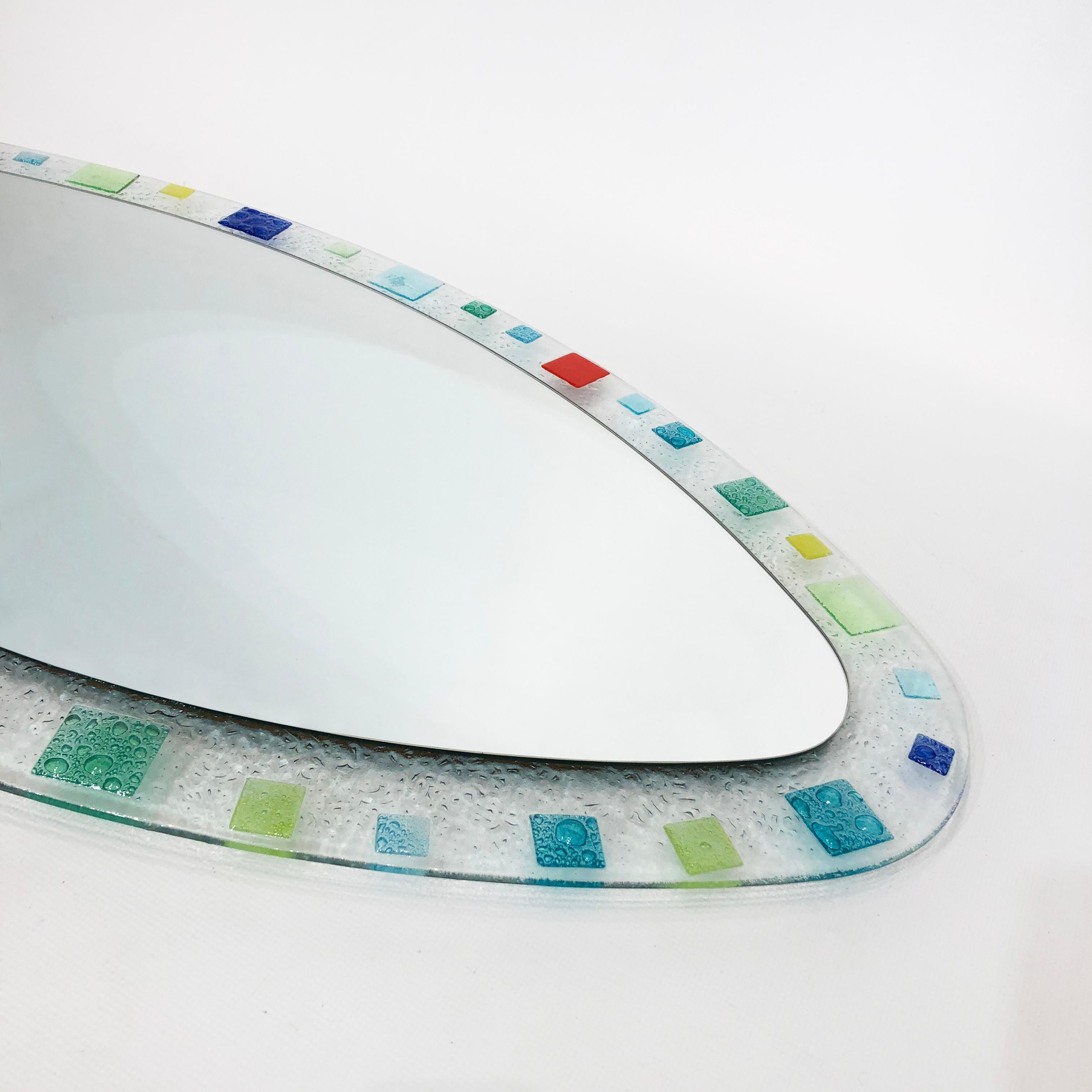 Large Murano Glass Oval Wall Mirror 1970s Midcentury Vintage Red Blue Green In Good Condition For Sale In London, GB