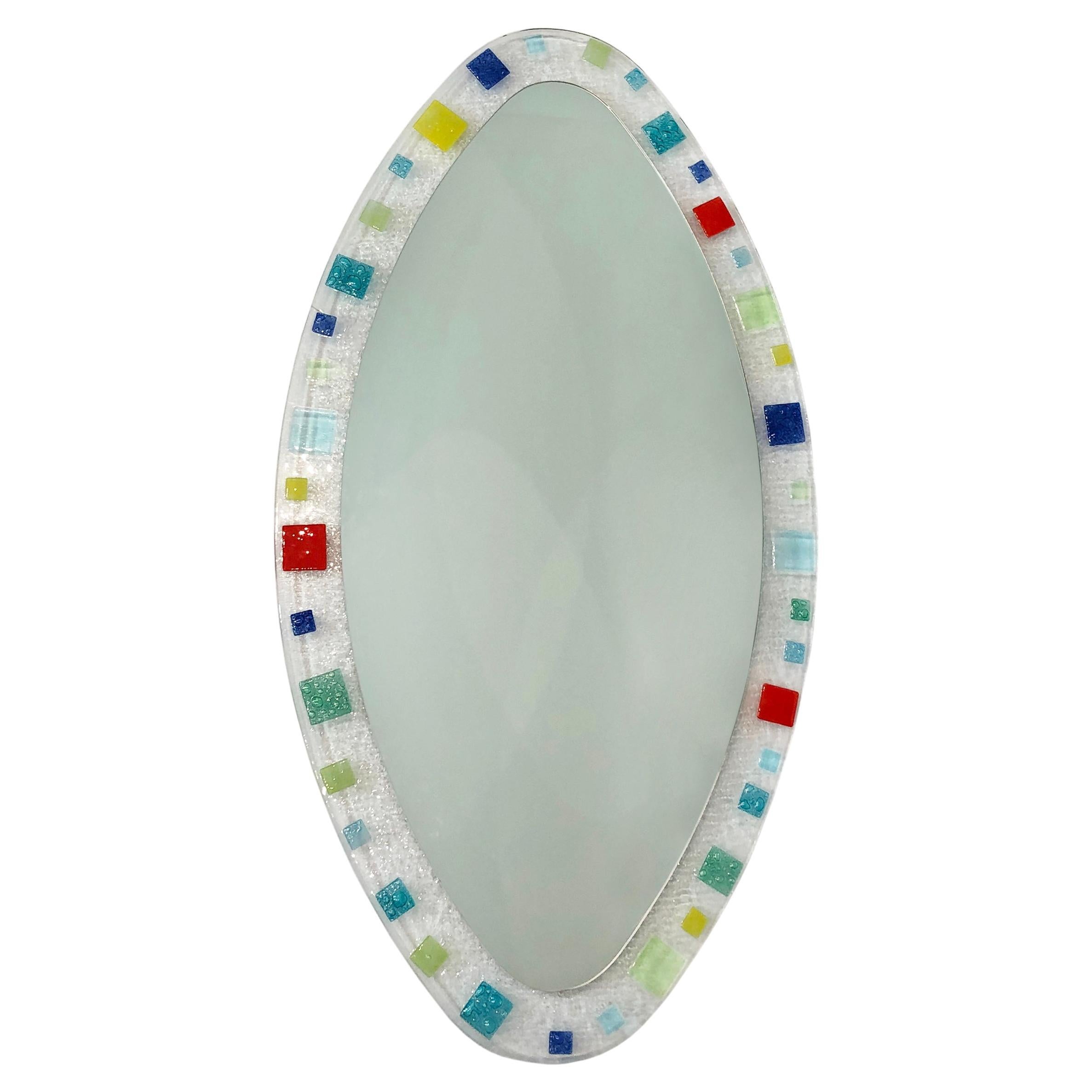 Large Murano Glass Oval Wall Mirror 1970s Midcentury Vintage Red Blue Green For Sale