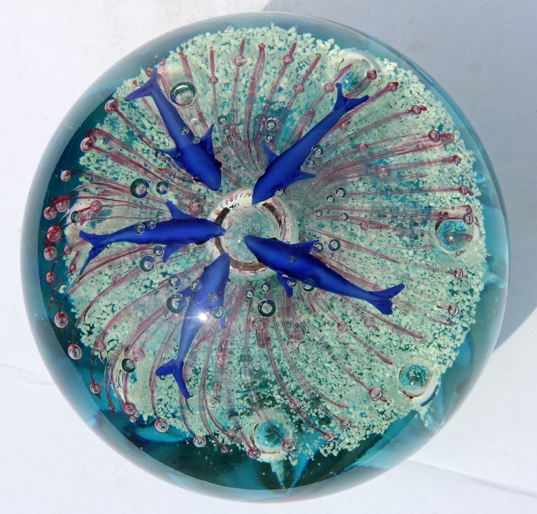 Large Murano Glass Paperweight Internal Decorations of Dolphins and Sea