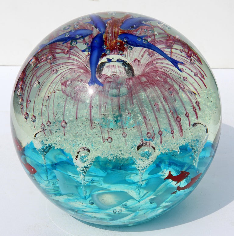 Large Murano Glass Paperweight Internal Decorations of Dolphins and Sea Life For Sale at 1stDibs