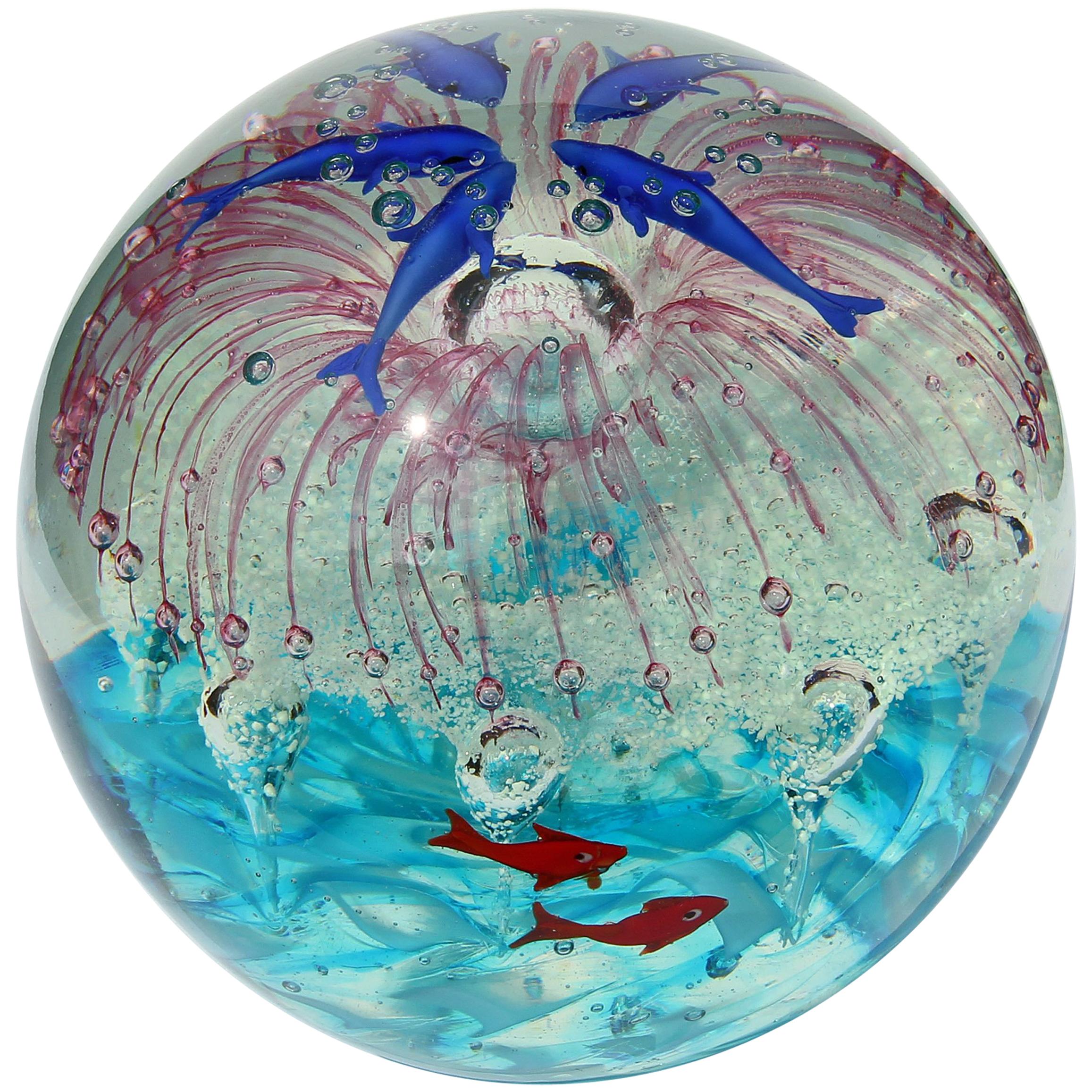 Different Colors 3.55 Murano Design Dolphins in Seaworld of Bubbles Paperweight 