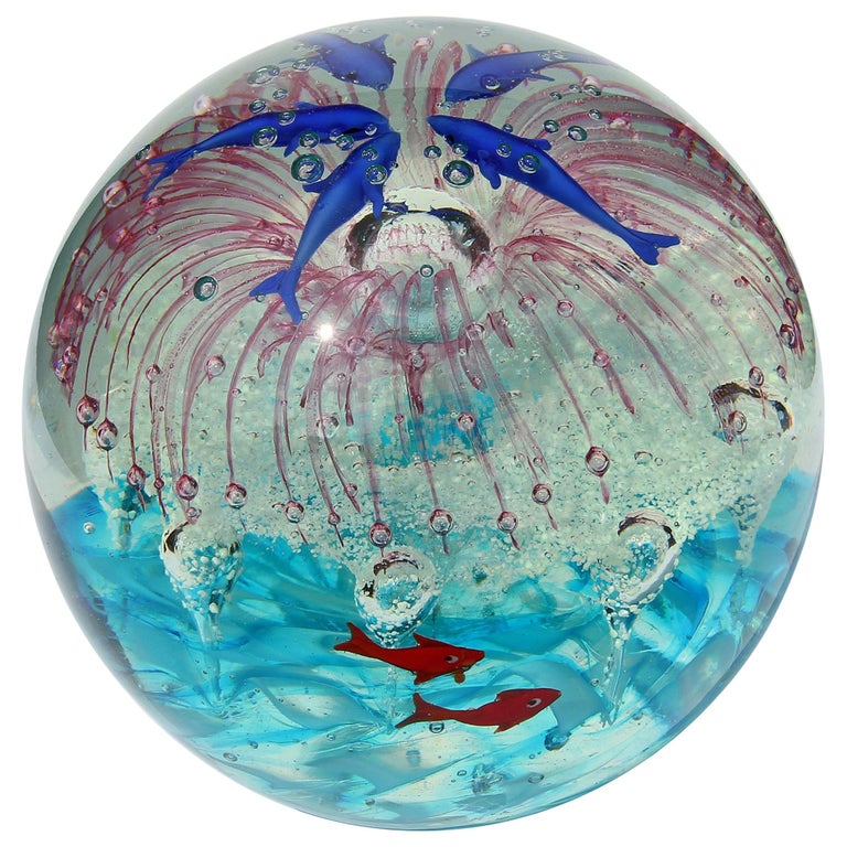 Large Murano Glass Paperweight Internal Decorations of Dolphins and Sea  Life For Sale at 1stDibs