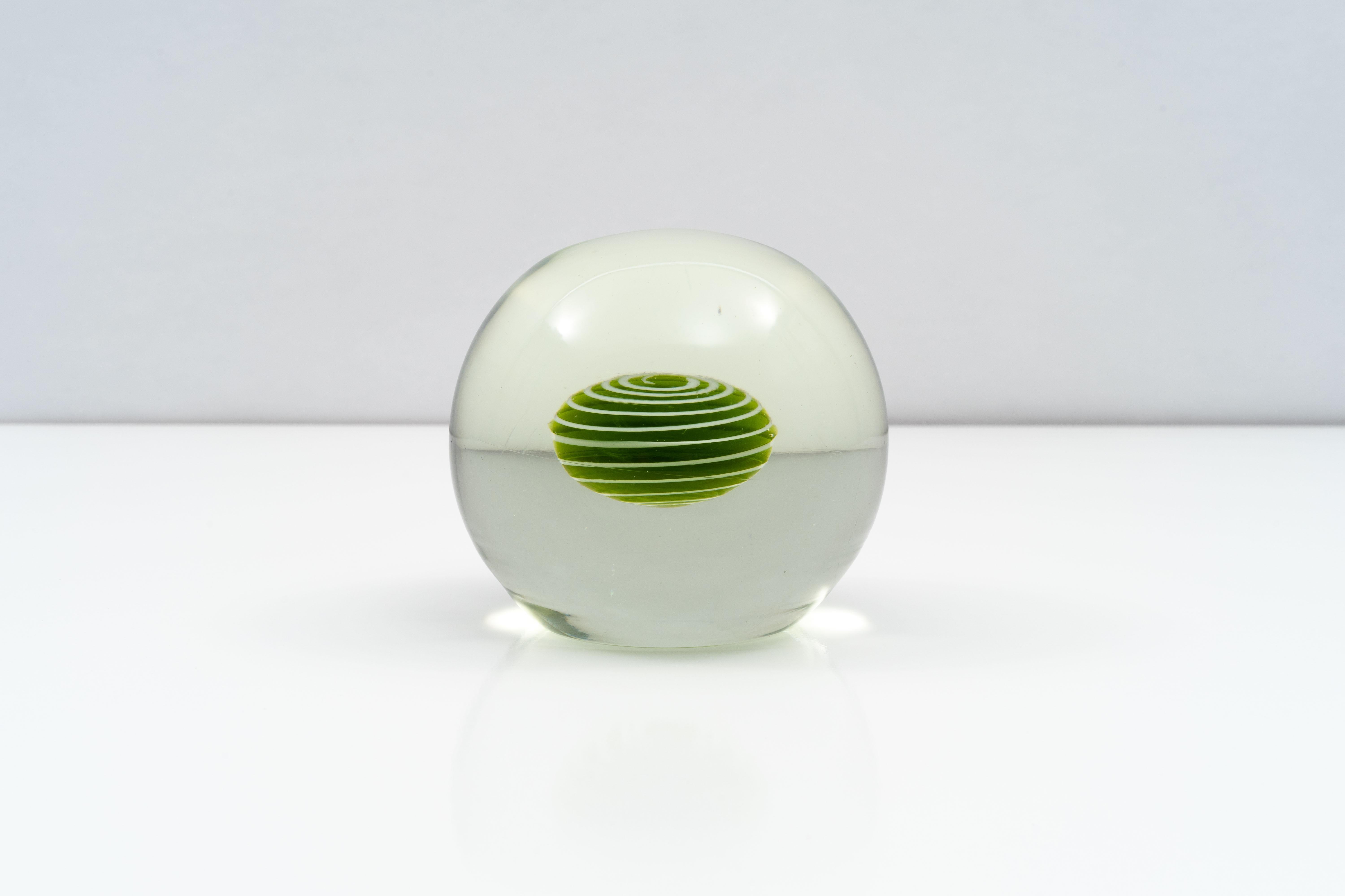 Mid-Century Modern Large Murano Glass Paperweight with Green and White Swirled Core by Salviati