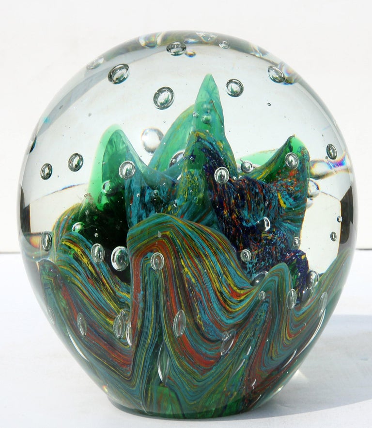 Large Murano Glass Paperweight with Internal Bubbles and Swirls For