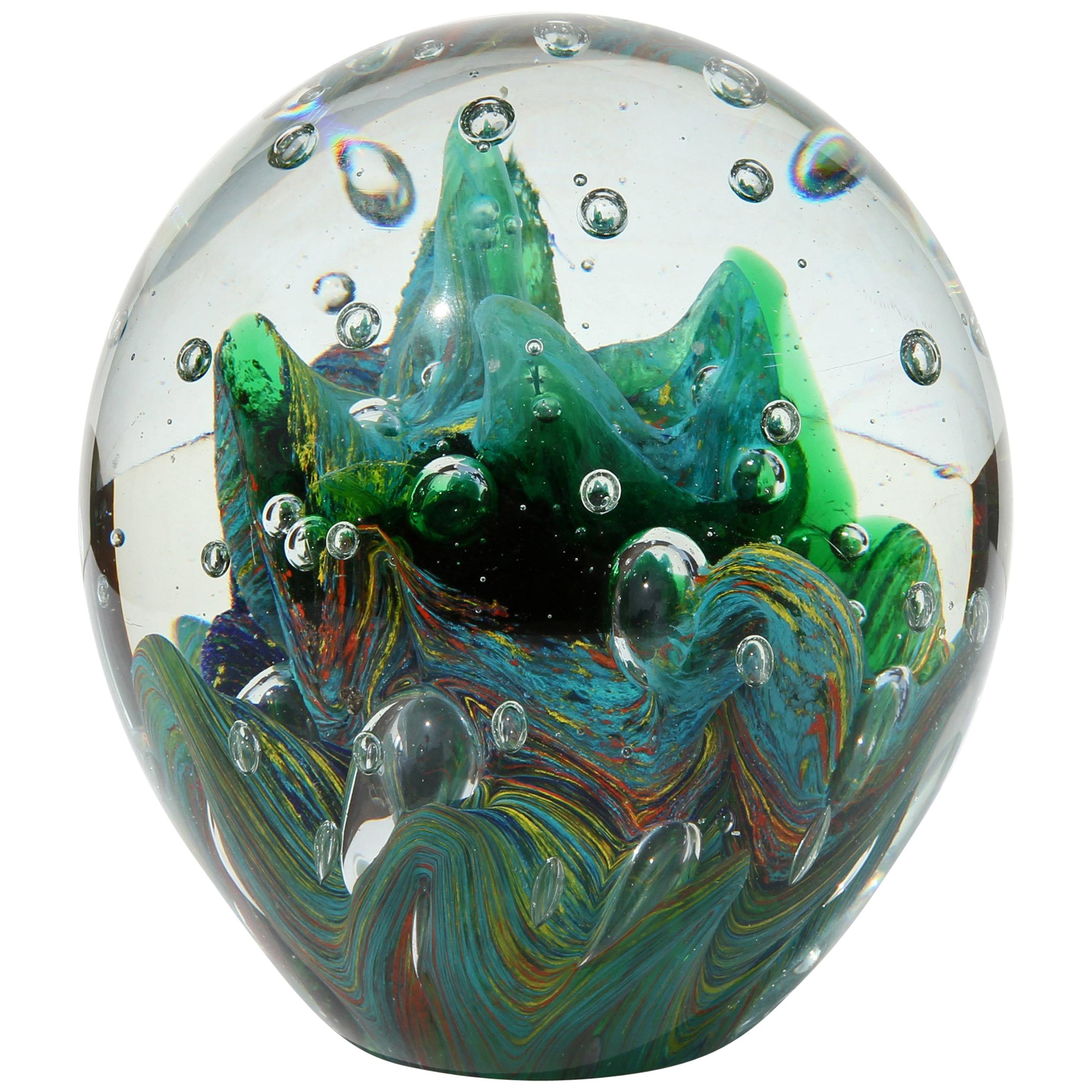 Large Murano Glass Paperweight with Internal Bubbles and Swirls