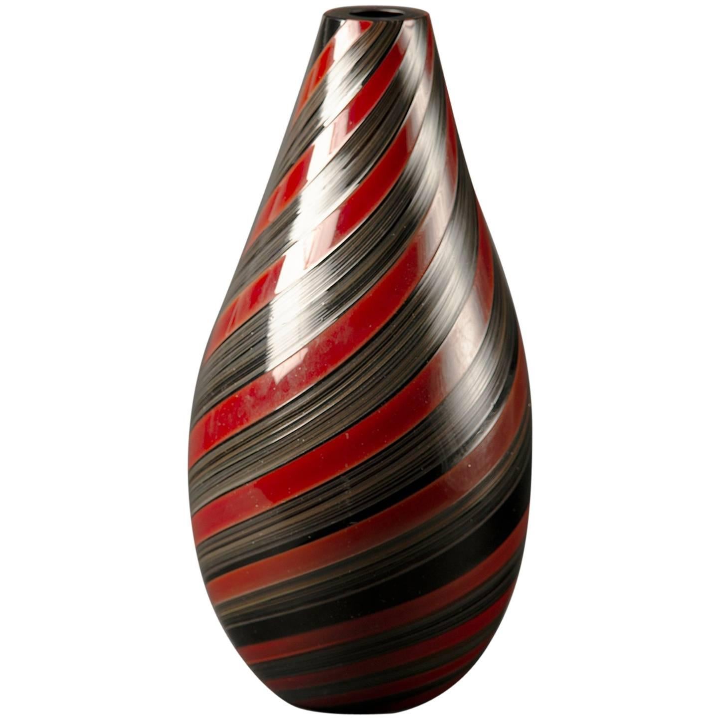 Large Murano Glass Red and Black Striped Vase