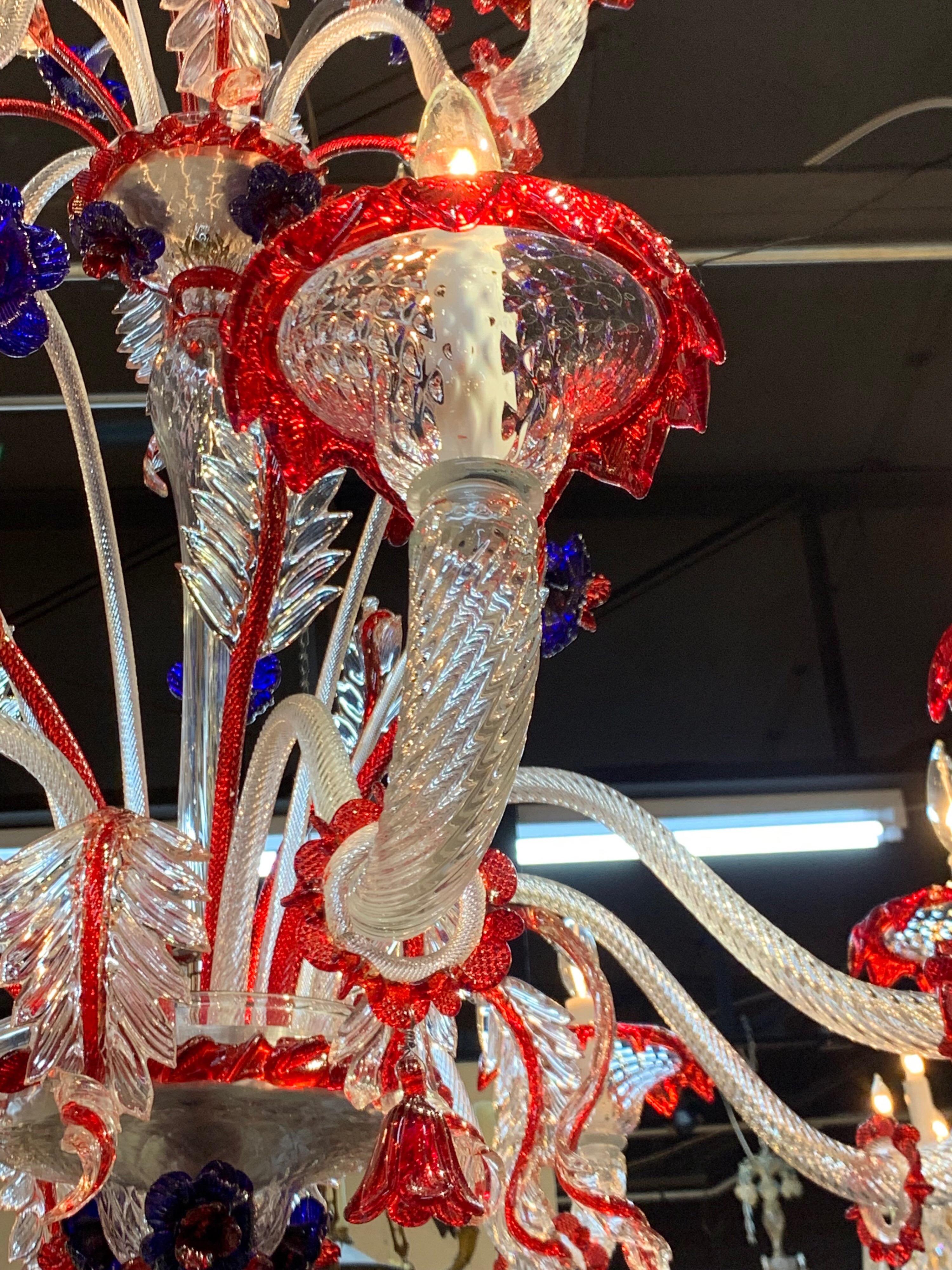 Italian Large Murano Glass Red and Blue Flower Chandelier