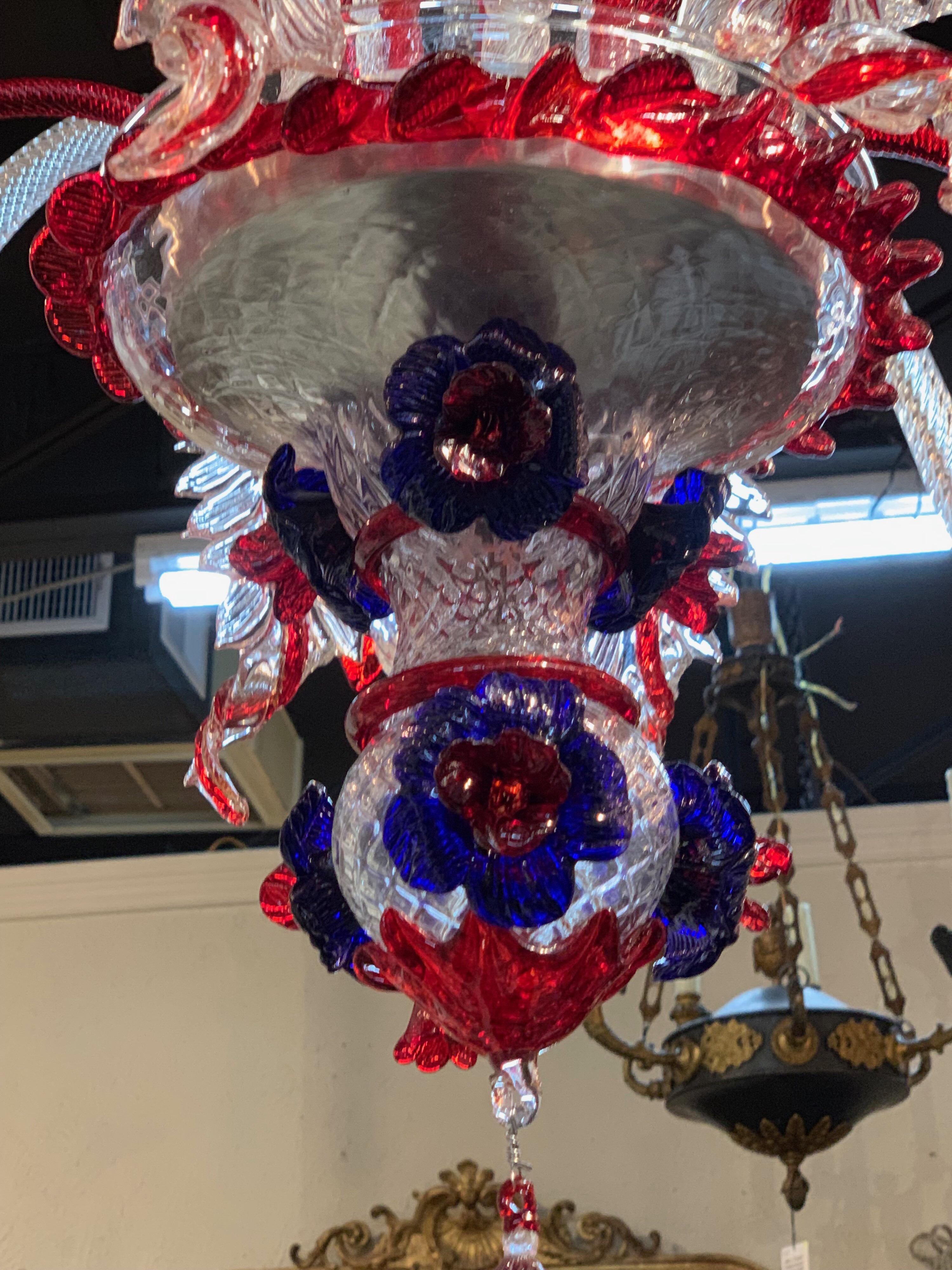 Large Murano Glass Red and Blue Flower Chandelier In Good Condition In Dallas, TX