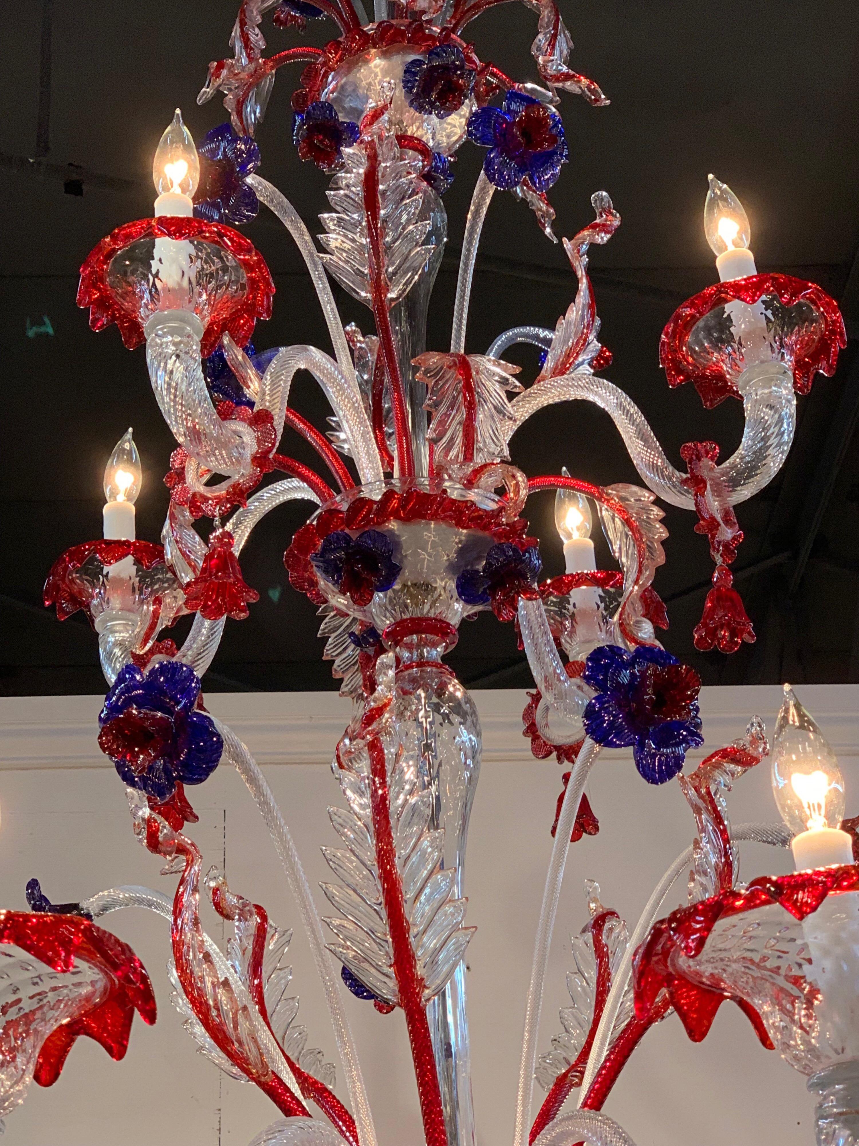 20th Century Large Murano Glass Red and Blue Flower Chandelier