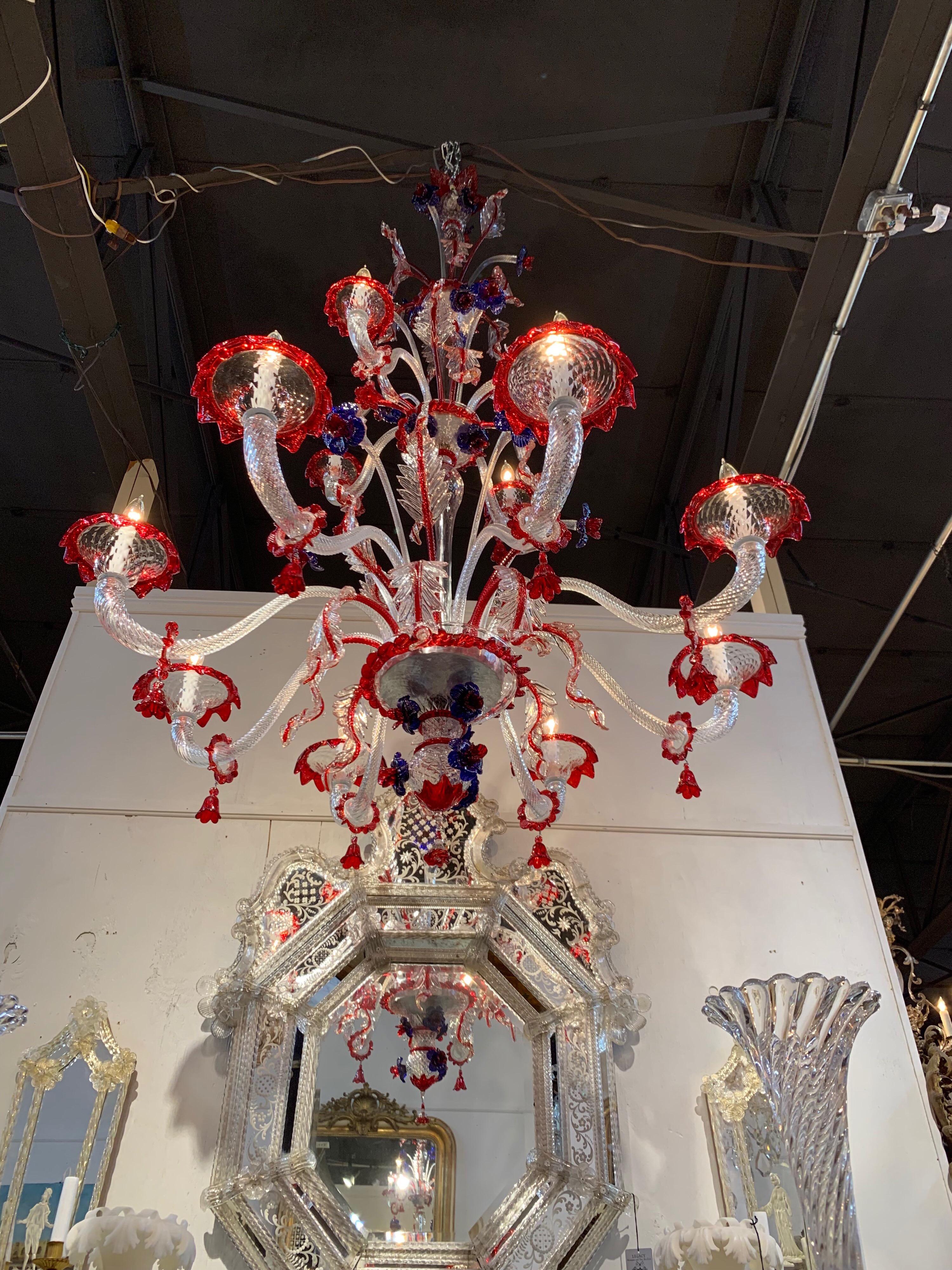 Large Murano Glass Red and Blue Flower Chandelier 1