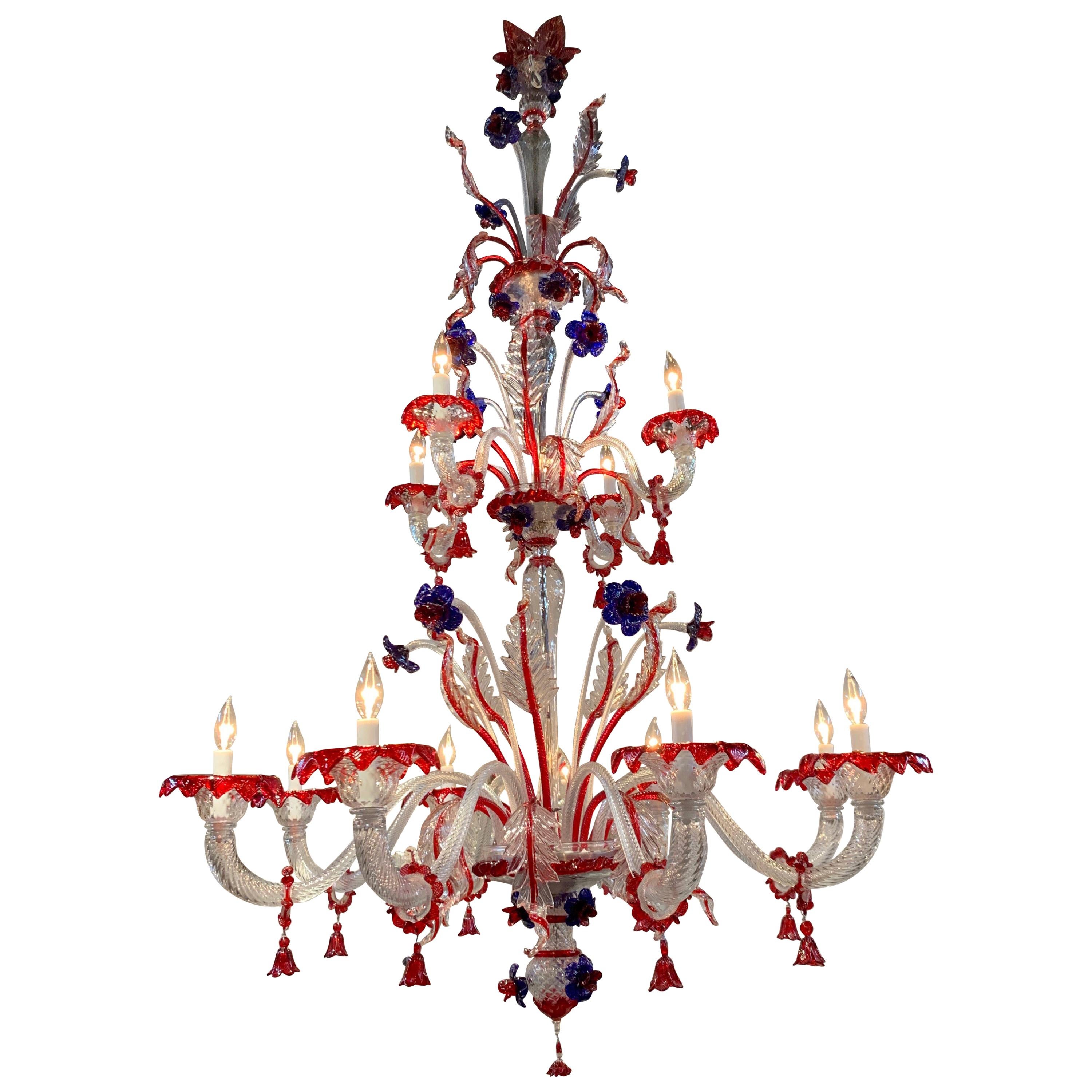 Large Murano Glass Red and Blue Flower Chandelier
