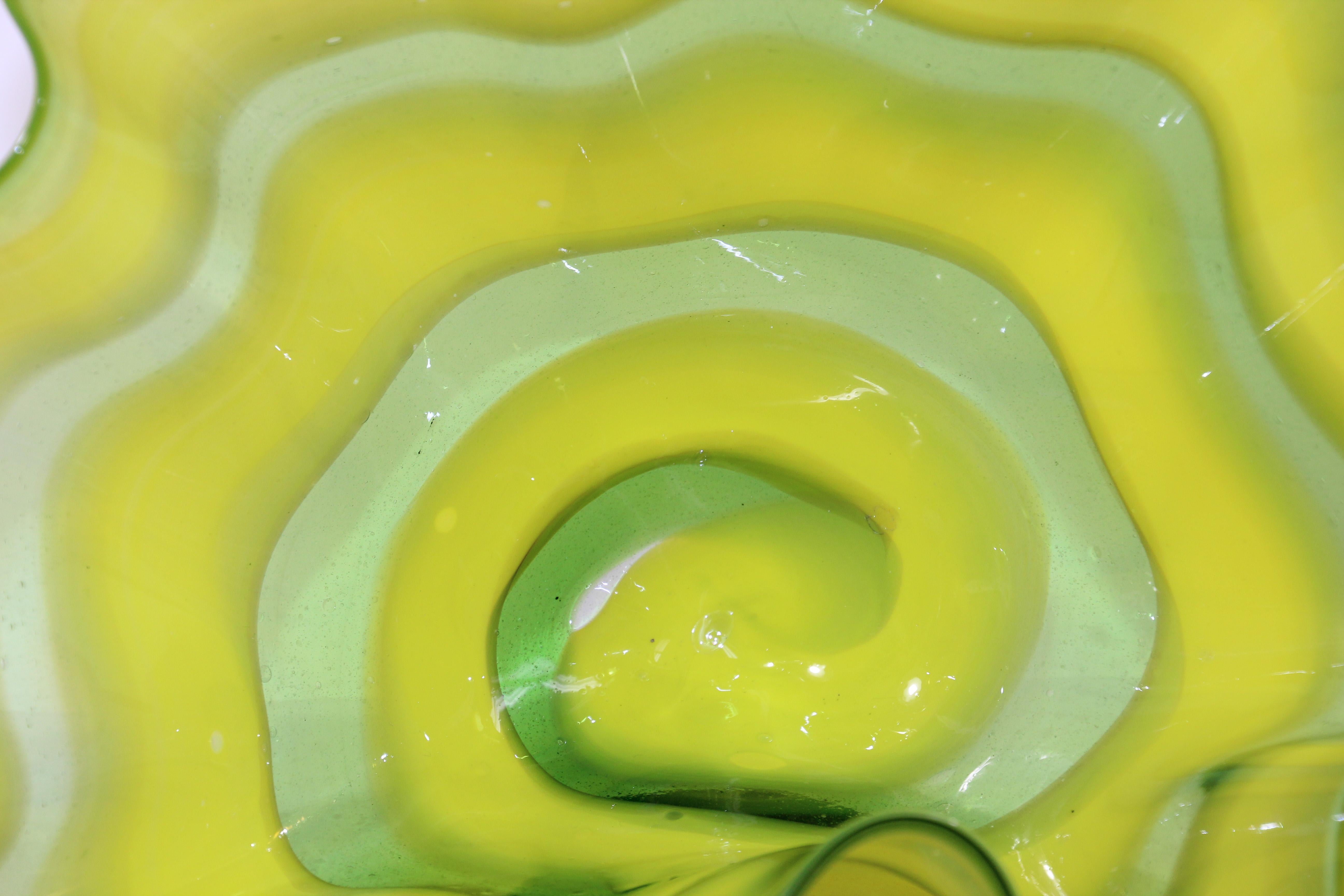 Hand-Crafted Large Murano Glass Sea form Yellow and Green Bowl, in the Style of Chihuly For Sale