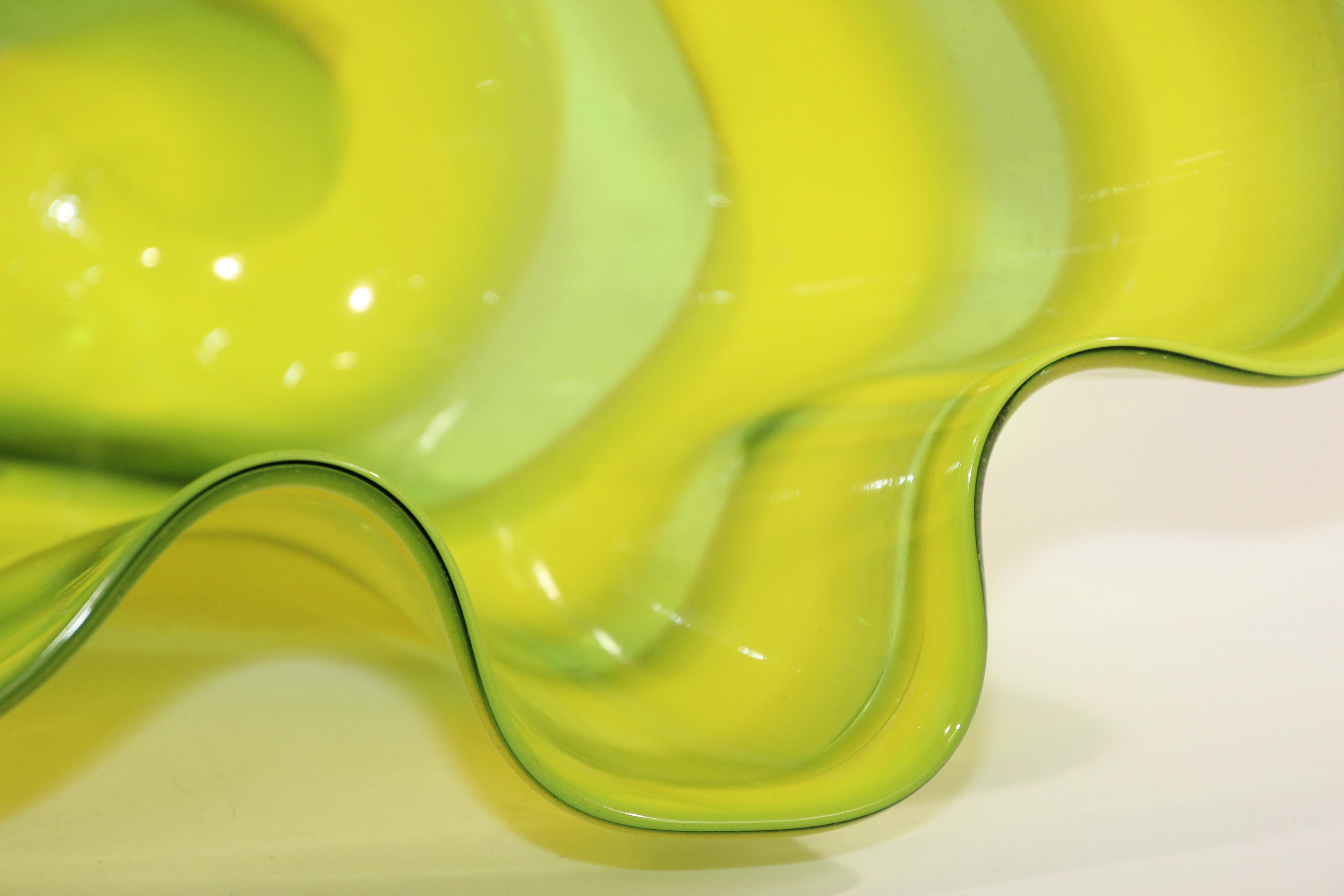 Art Glass Large Murano Glass Sea form Yellow and Green Bowl, in the Style of Chihuly For Sale