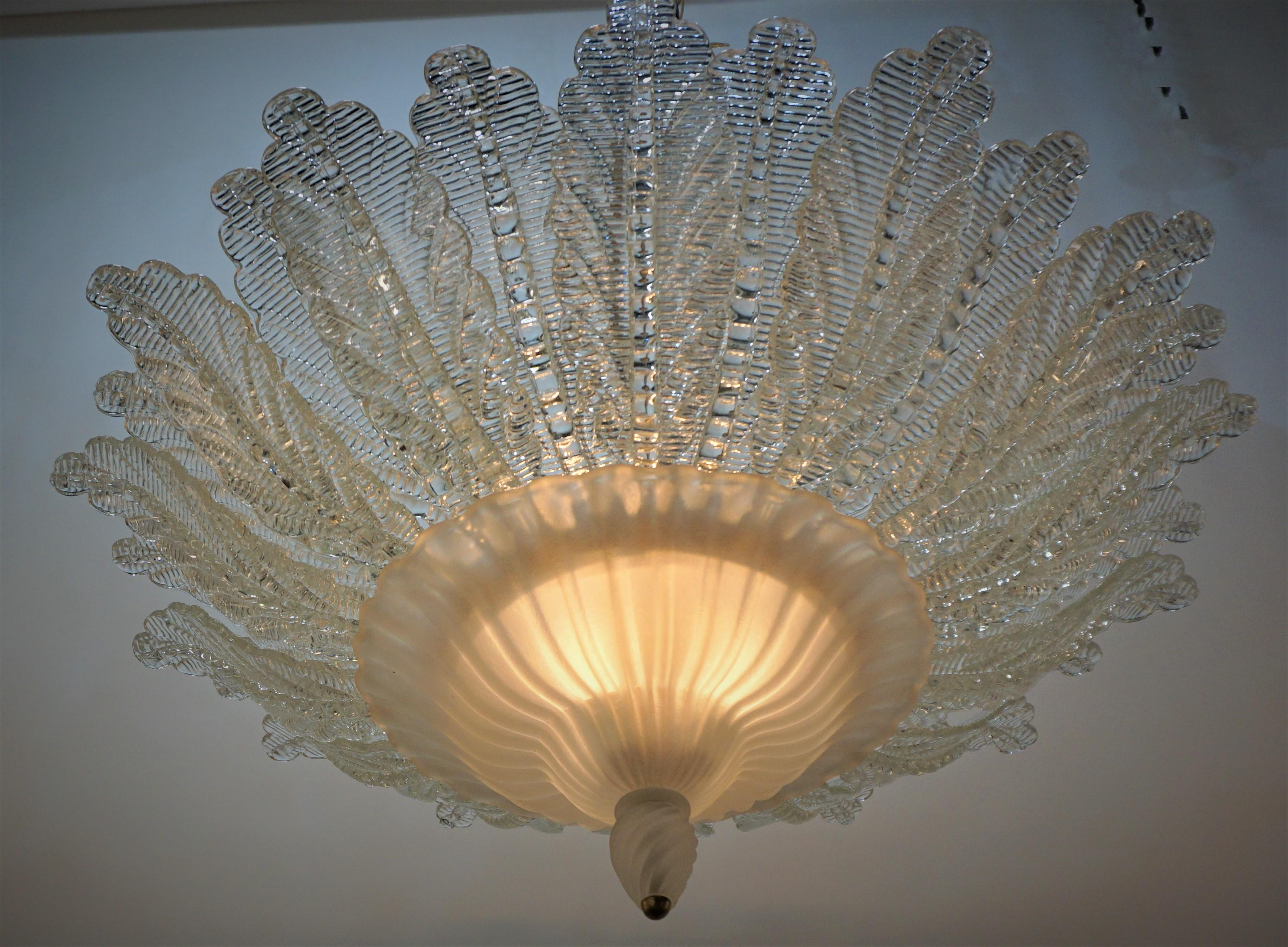 Murano blown glass leaf design 1970's semi flush mount chandelier.
Height is 25