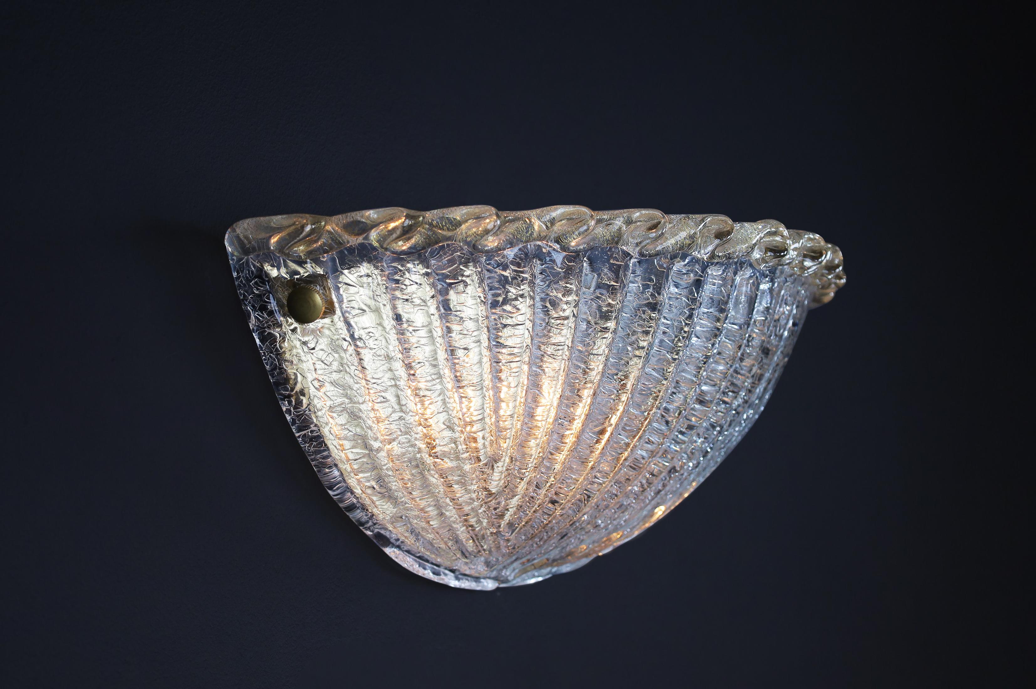 Italian Large Murano Glass Shell Sconces, Wall Lights, Italy, 1970s  For Sale