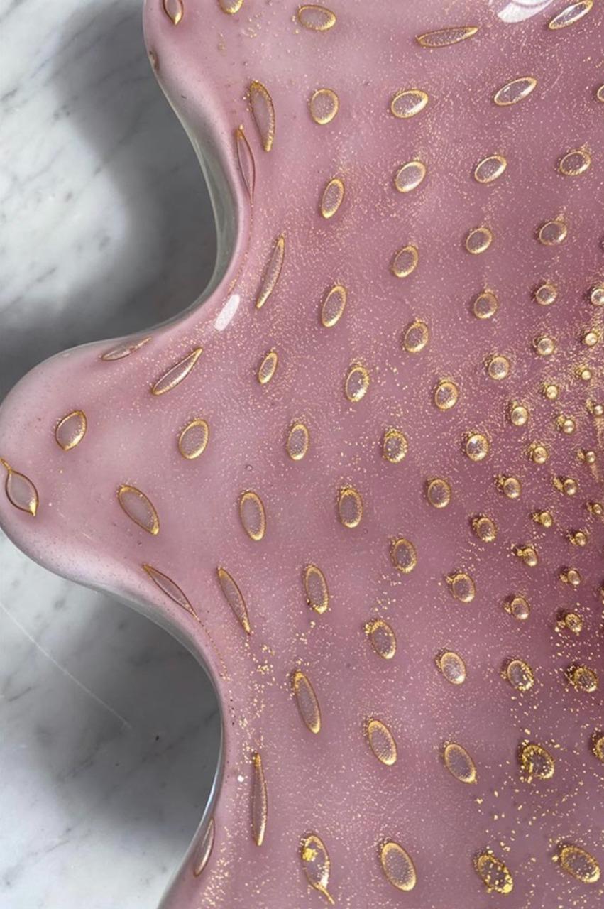 Italian Large Murano Glass Sommerso Bowl, Interior Pink Lavander, Gold Flecks , 1950s For Sale