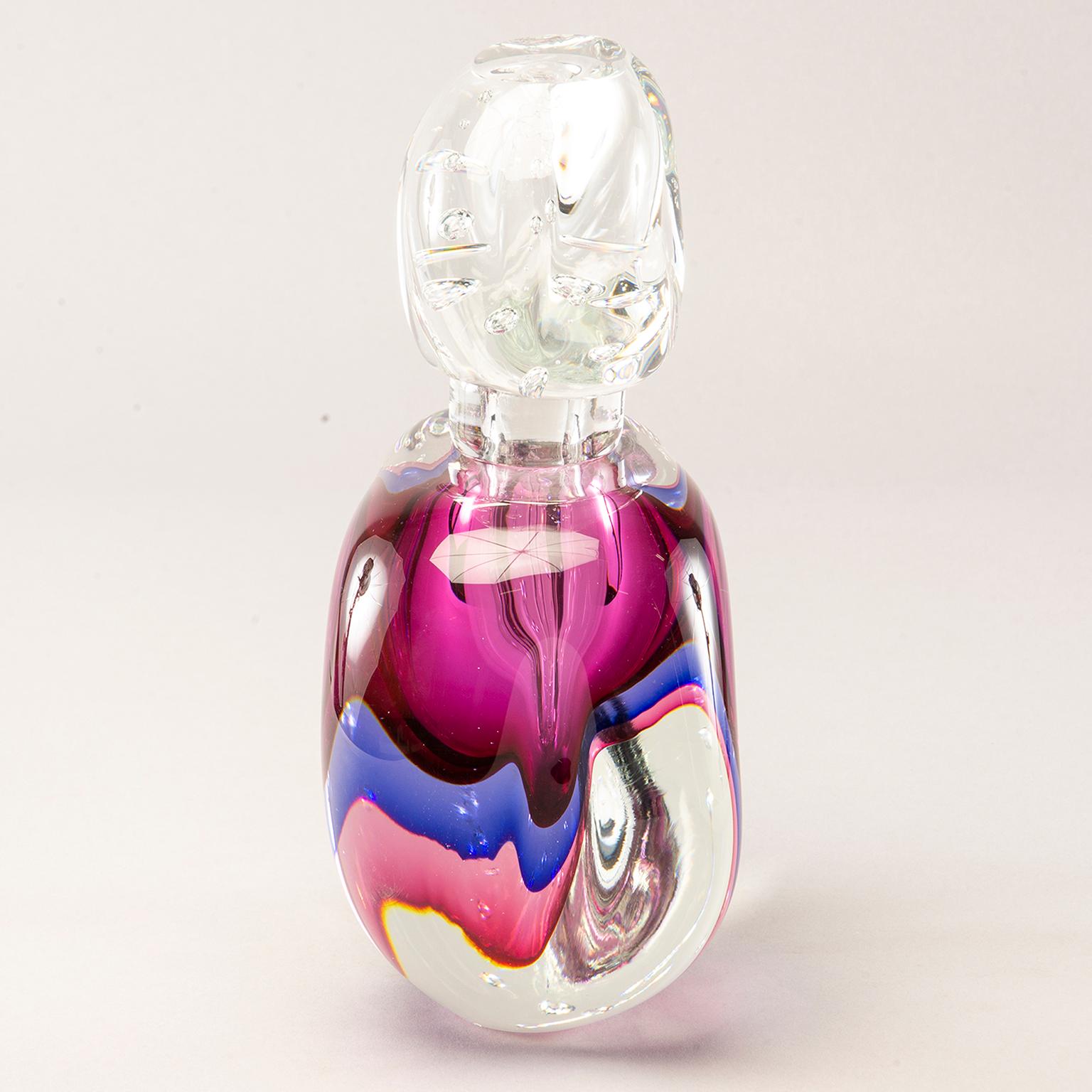 New handmade oversized Murano glass perfume bottle. Thick clear glass with Sommerso style layers of magenta, blue and pink glass. Large, clear stopper. Other perfume bottles in various shapes and colors also available at time of this posting.
