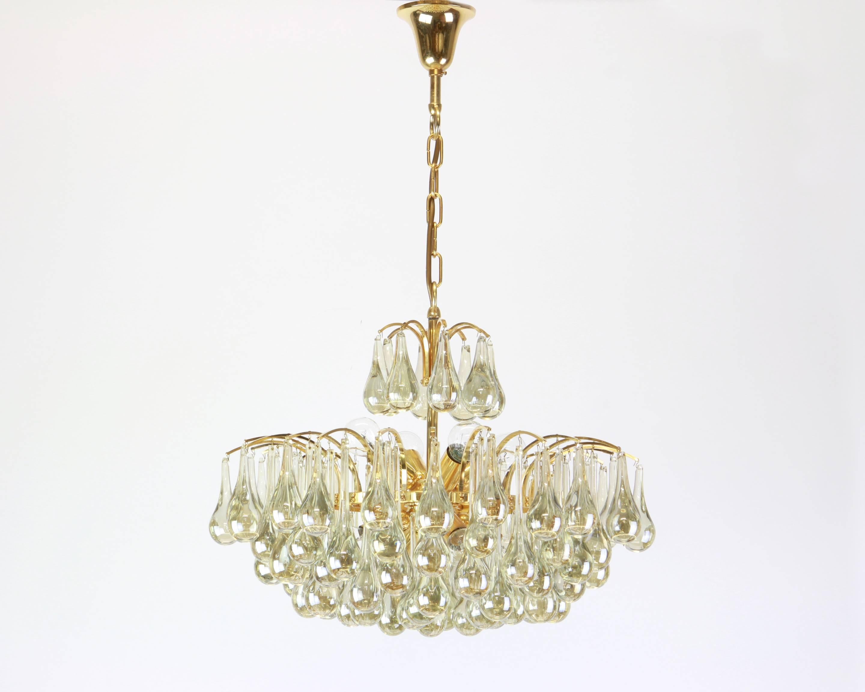 Brass Large Murano Glass Tear Drop Chandelier by Christoph Palme, Germany, 1970s