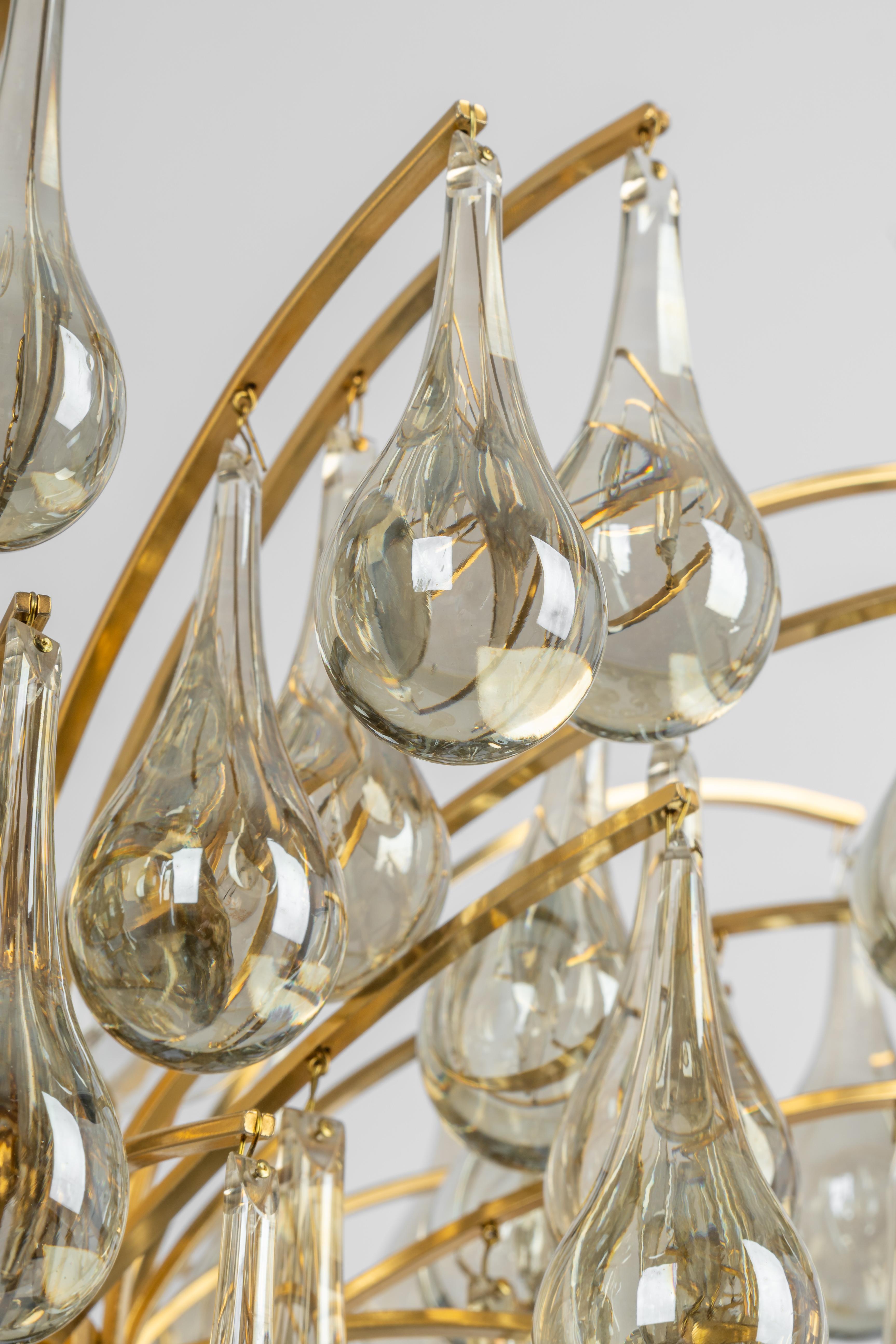 Brass Large Murano Glass Tear Drop Chandelier, Christoph Palme, Germany, 1970s For Sale