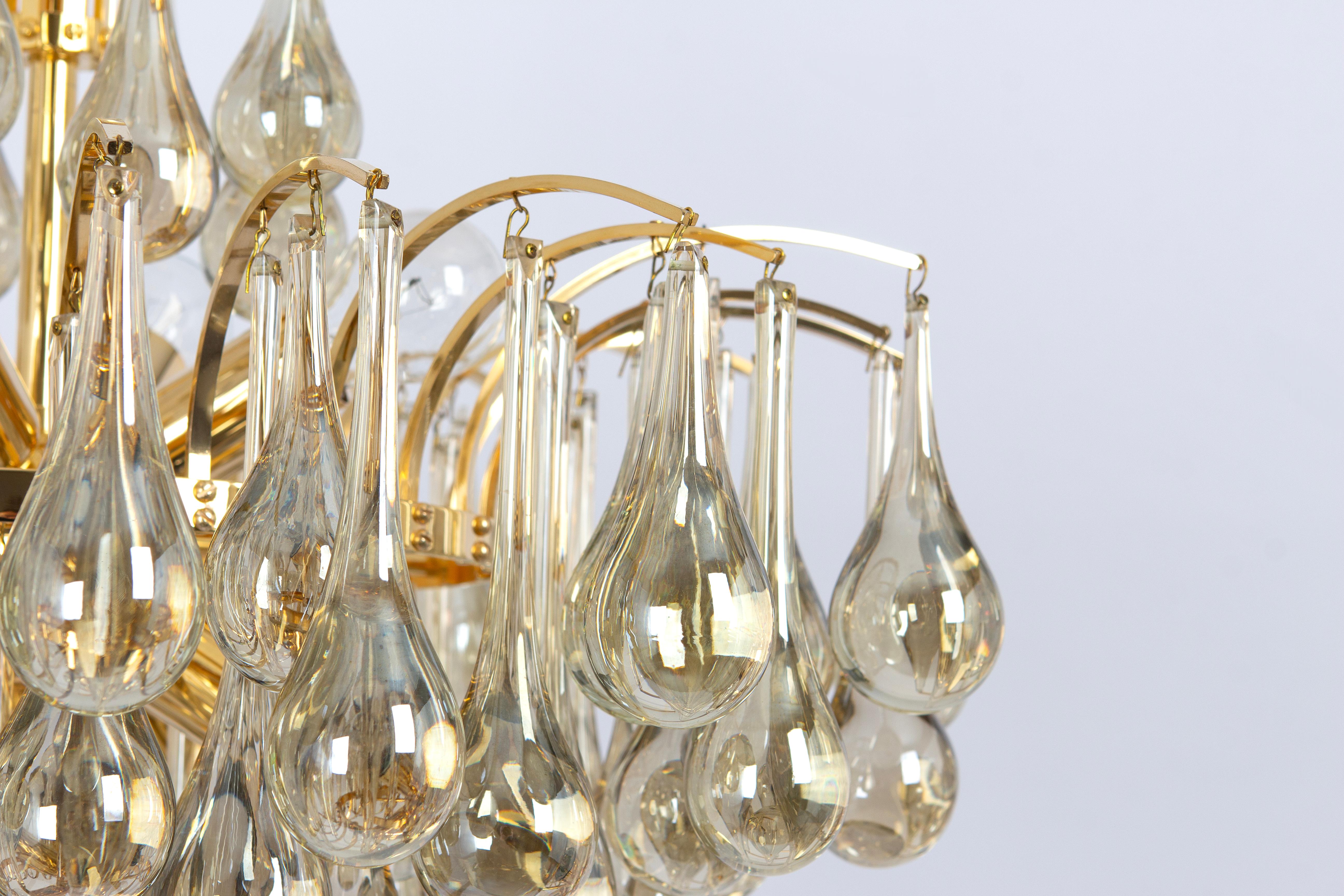Brass Large Murano Glass Tear Drop Chandelier, Christoph Palme, Germany, 1970s For Sale