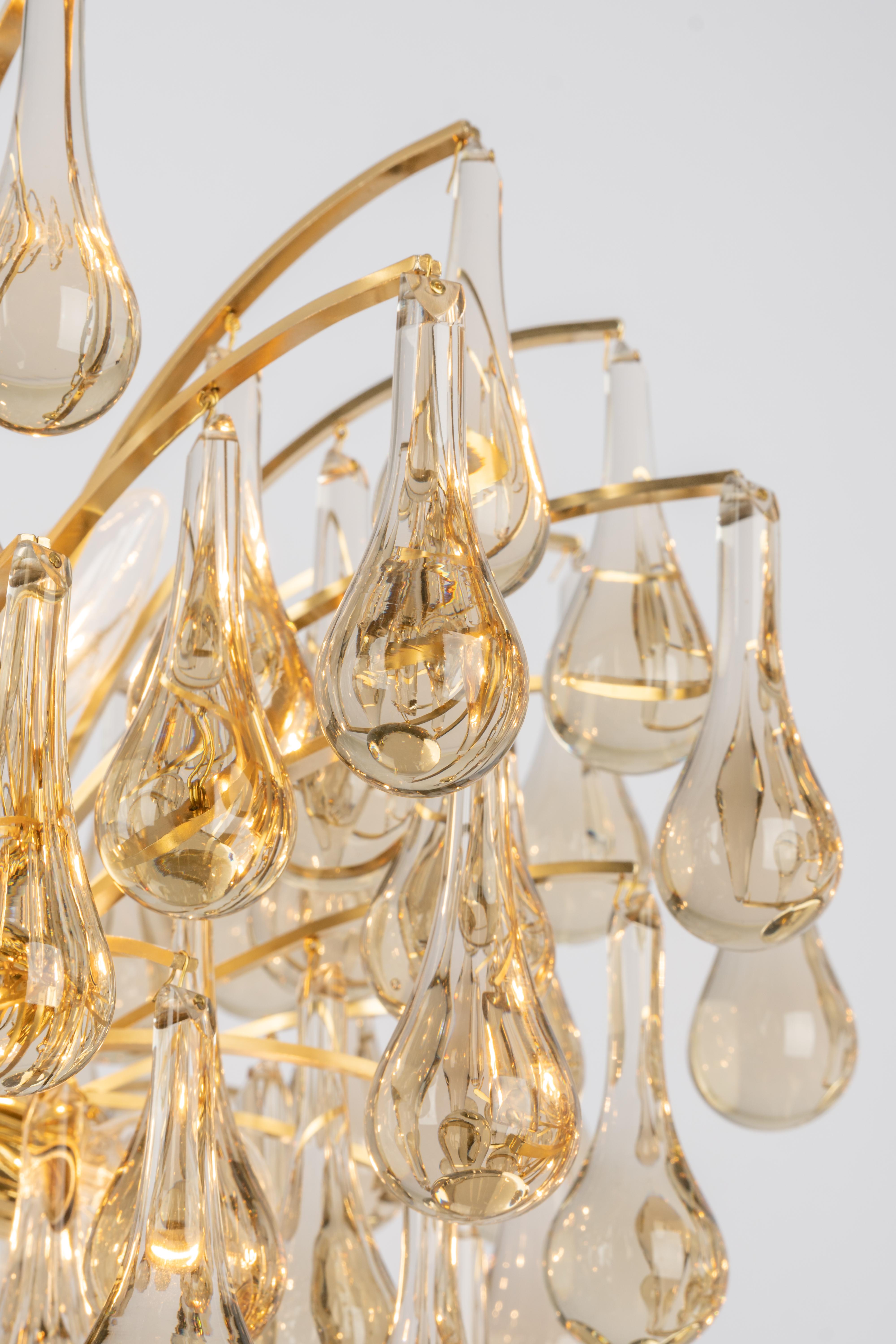 Ottone Grande lampadario a goccia in vetro di Murano, Christoph Palme, Germania, anni '70 in vendita